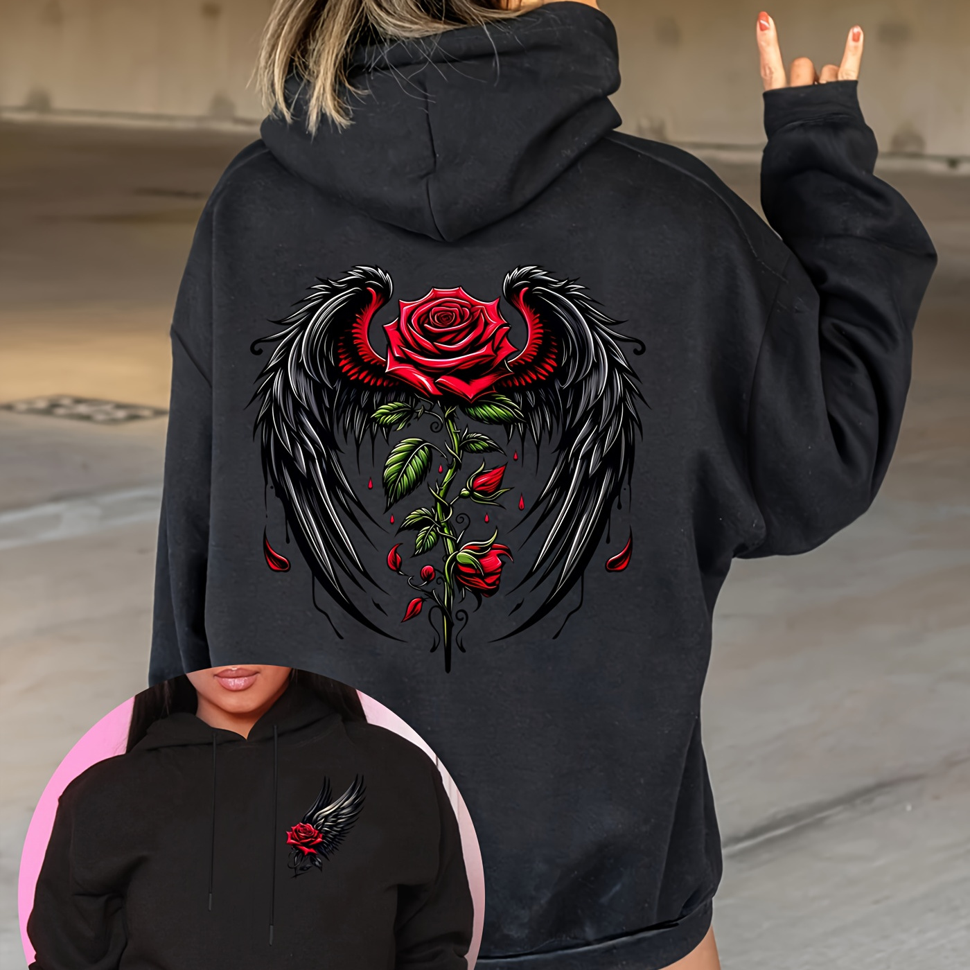 

Rose Wings Print Drawstring Hoodie, Casual Long Sleeve Hooded Sweatshirt With Kangaroo Pocket For Fall & Winter, Women's Clothing