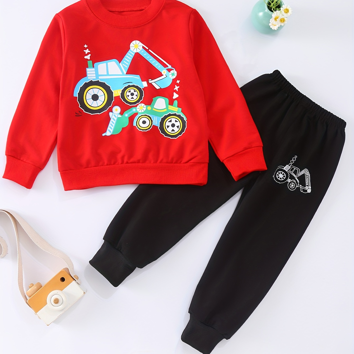 

2pcs Cartoon Excavator Print Casual Outfit For Toddler Kids, Sweatshirt & Pants, Baby Boy's Clothes For Fall Spring