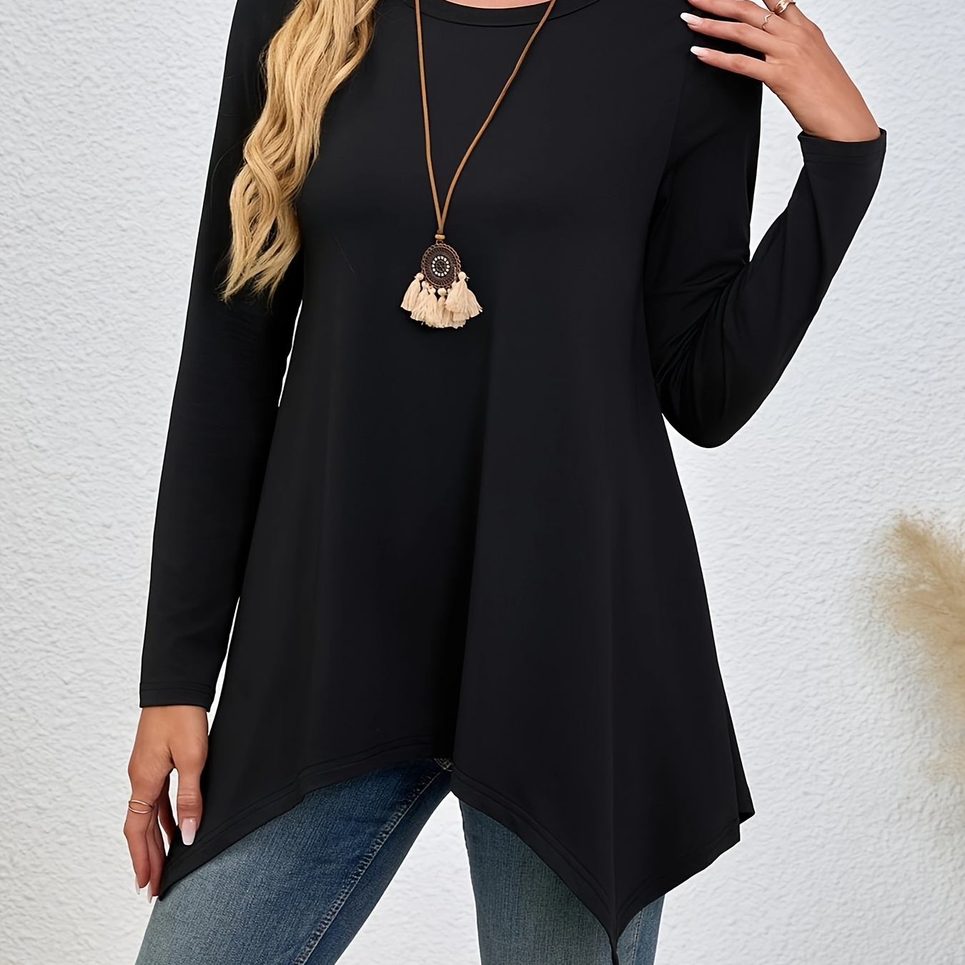 

Casual Solid Lounge Tops, Casual Round Neck Long Sleeve Hem Tunic Top, Women's Loungewear