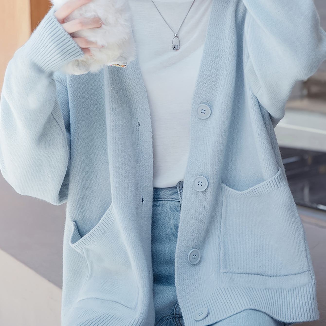 

Cardigan À Épaules Tombantes Avec Poches Plaquées, Cardigan Décontracté À Manches Longues Pour L'automne Et L'hiver, Vêtements Pour Femmes