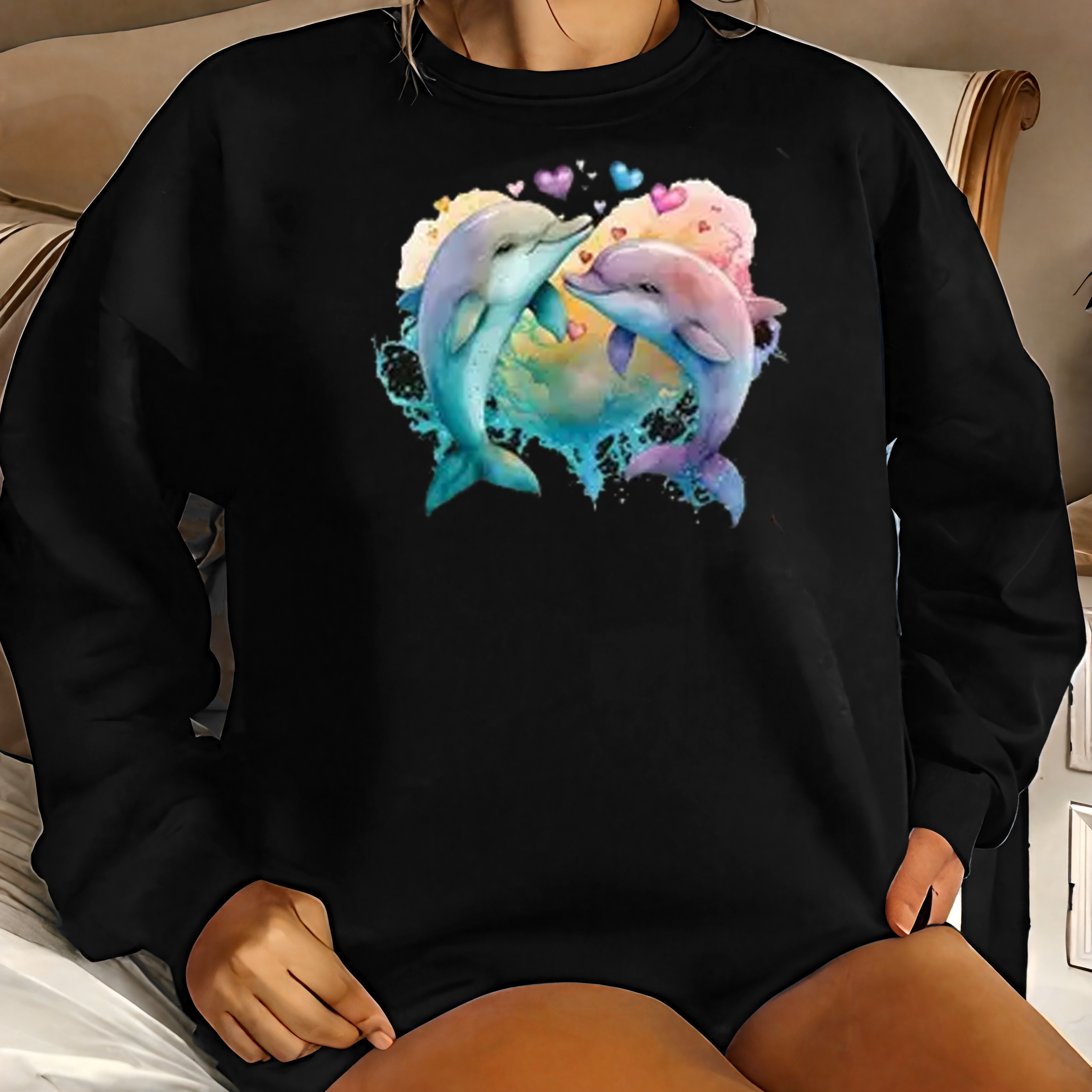 

Sweatshirt élégant pour femme taille plus avec de cœur de , pull en polyester à manches longues avec légère élasticité, haut à motif animal oversized pour /hiver