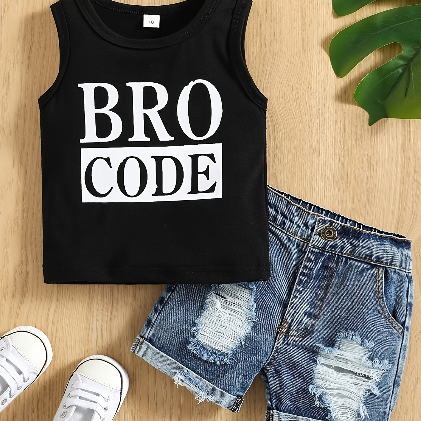 

2pcs Bro Code Print Trendy Outfit For Infant & Toddler, Tank Top & Ripped Denim Shorts, Baby Boy's Clothes