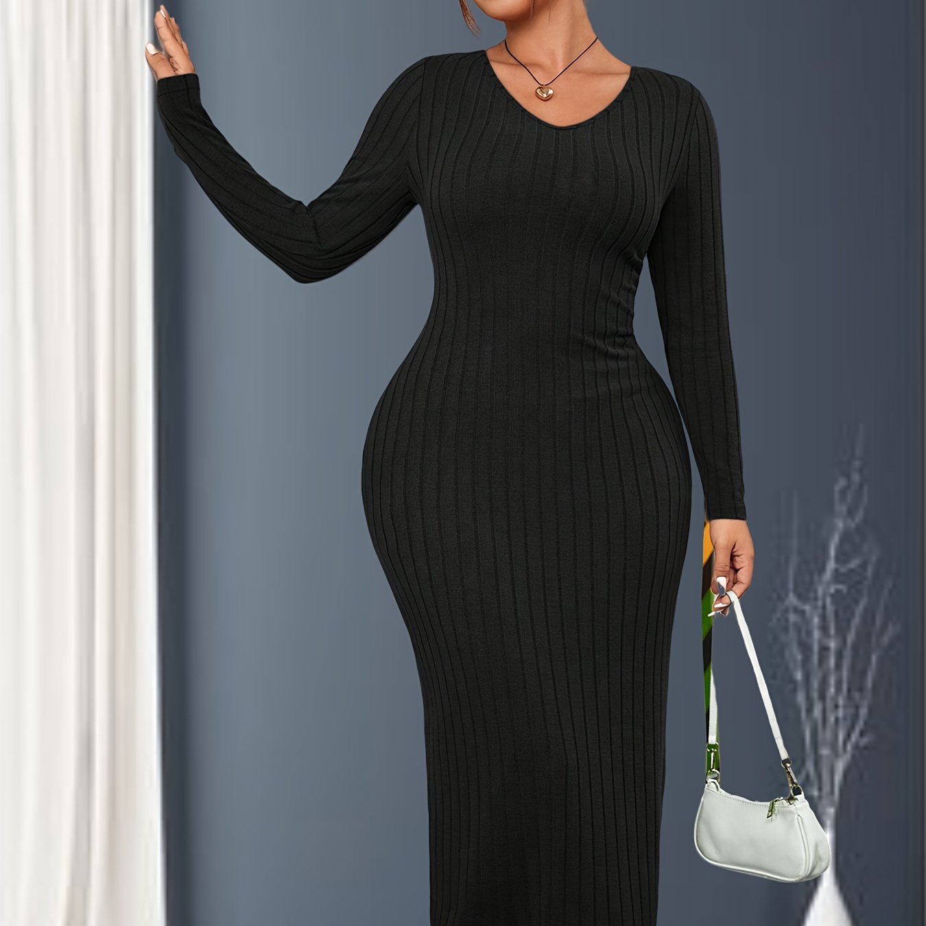 

Plus Size Solid Bodycon Maxi Dress, Elegant V-neck Long Sleeve Ribbed Dress, Women's Plus Size Clothing