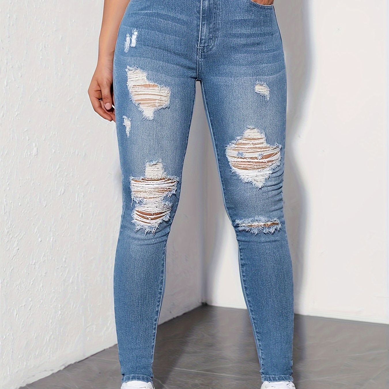 

High-waist Stretch Jeans - Elegant Retro Tight-fitting Ripped Denim Trousers With Antique Washed Colors, High-quality Denim Fabrics, Comfortable And For Fashionable Women