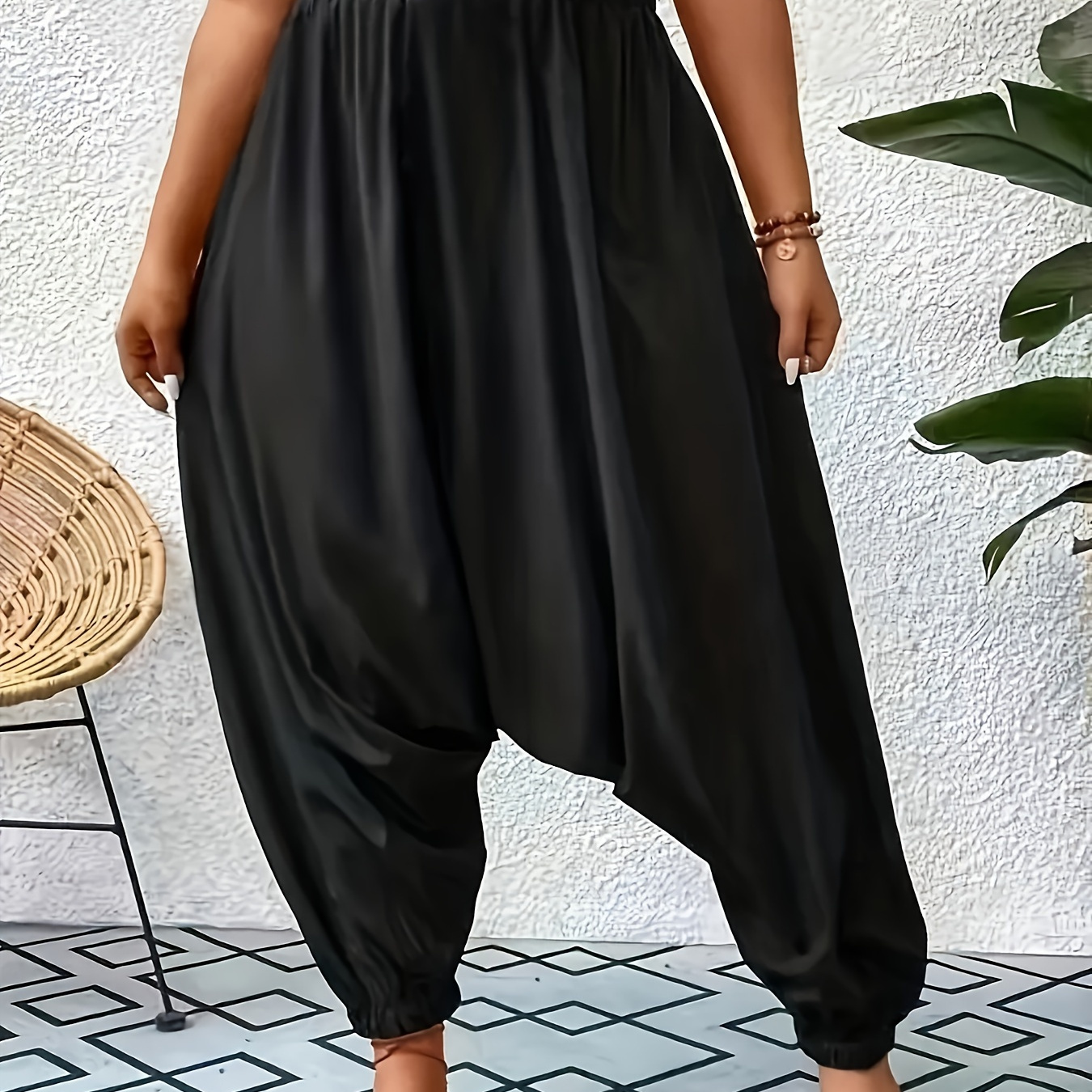 

Plus Size Solid Baggy Harem Pants, Casual Elastic Waist Pants For Spring & Fall, Women's Plus Size Clothing