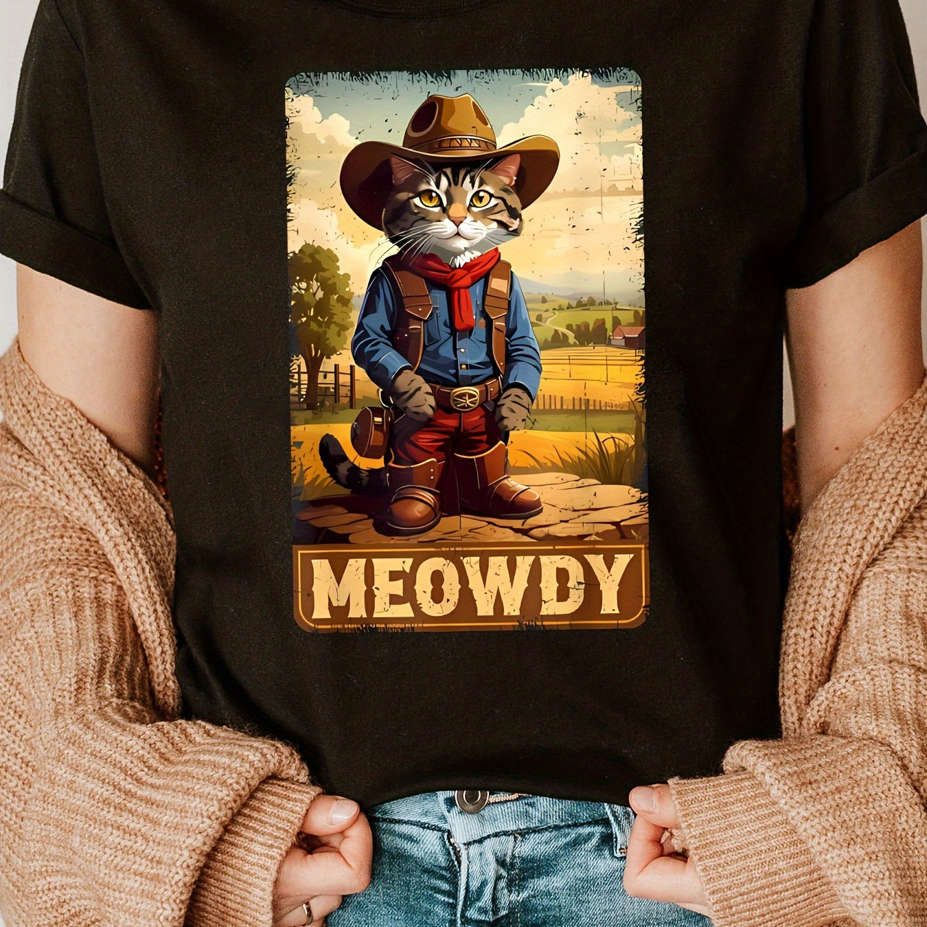 

Cowboy Cat Print Crew Neck T-shirt, Short Sleeve Casual Top For Summer & Spring, Women's Clothing