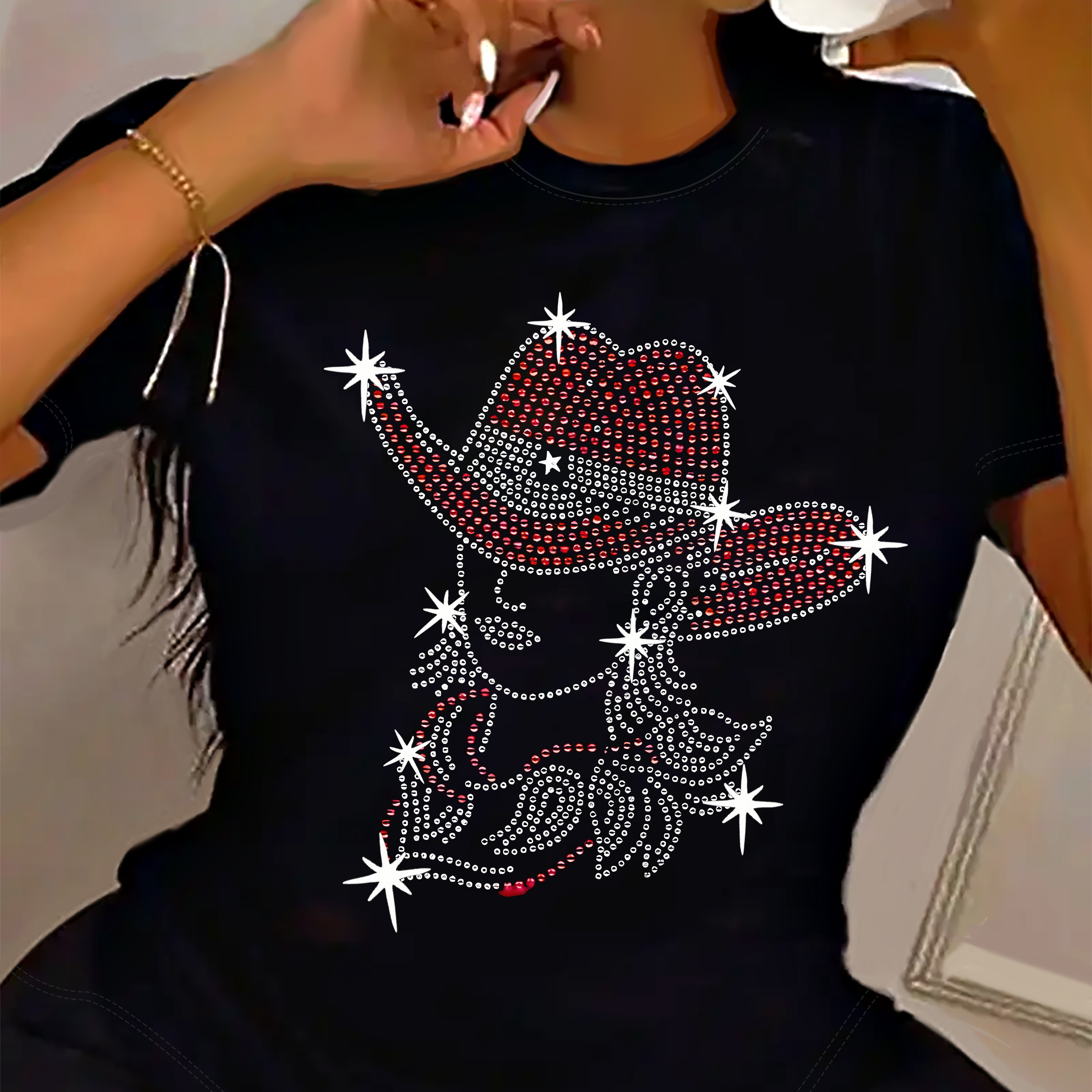 

Western Cowgirl Pattern T-shirt For Women - Casual Polyester Knit Fabric With Round Neckline, All-season Comfort, No Rhinestone Embellishments - Regular Fit