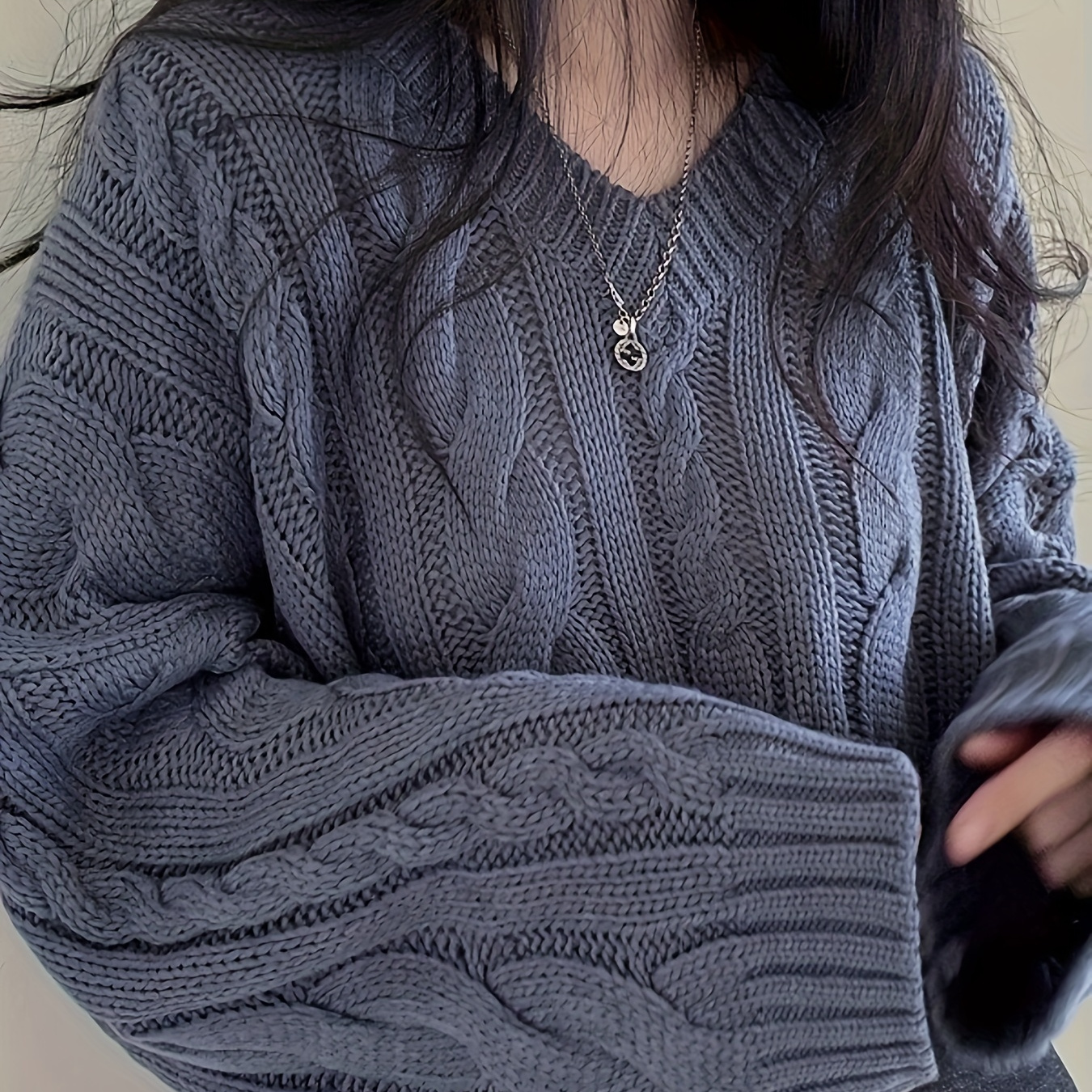 

1pc Elegant V-neck Knit Sweater For Women, Polyester Long Sleeve Pullover, Cable Knit Pattern, Regular Fit, Autumn/winter Season