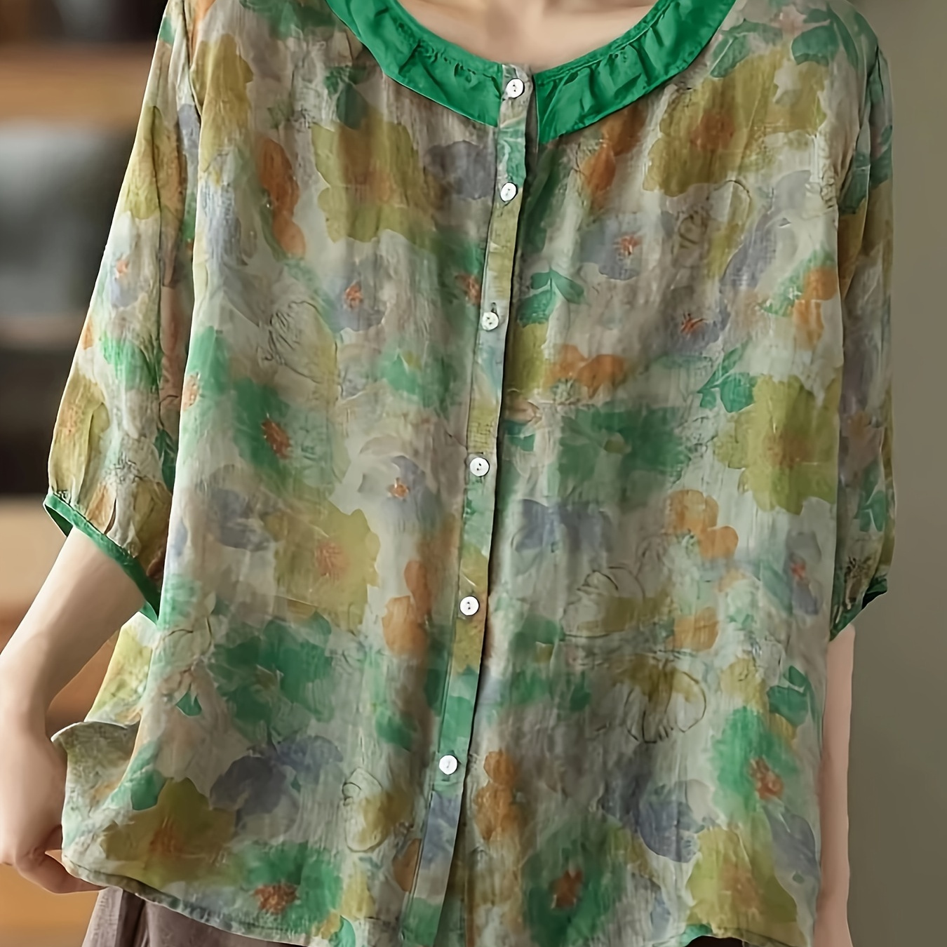 

Chemise à imprimé floral à simple boutonnage, chemise décontractée à col rond et à volants pour et l'été, vêtements pour femmes.