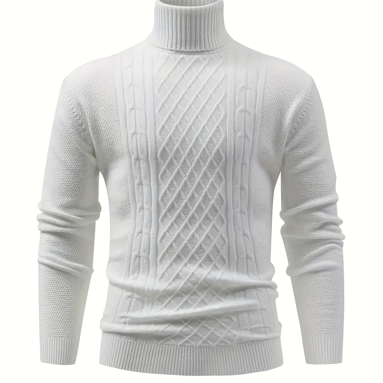 

Men's Cable Knit Turtleneck Sweater - Warm, Stretchy Pullover For Fall/winter, Solid Color, Long Sleeve,