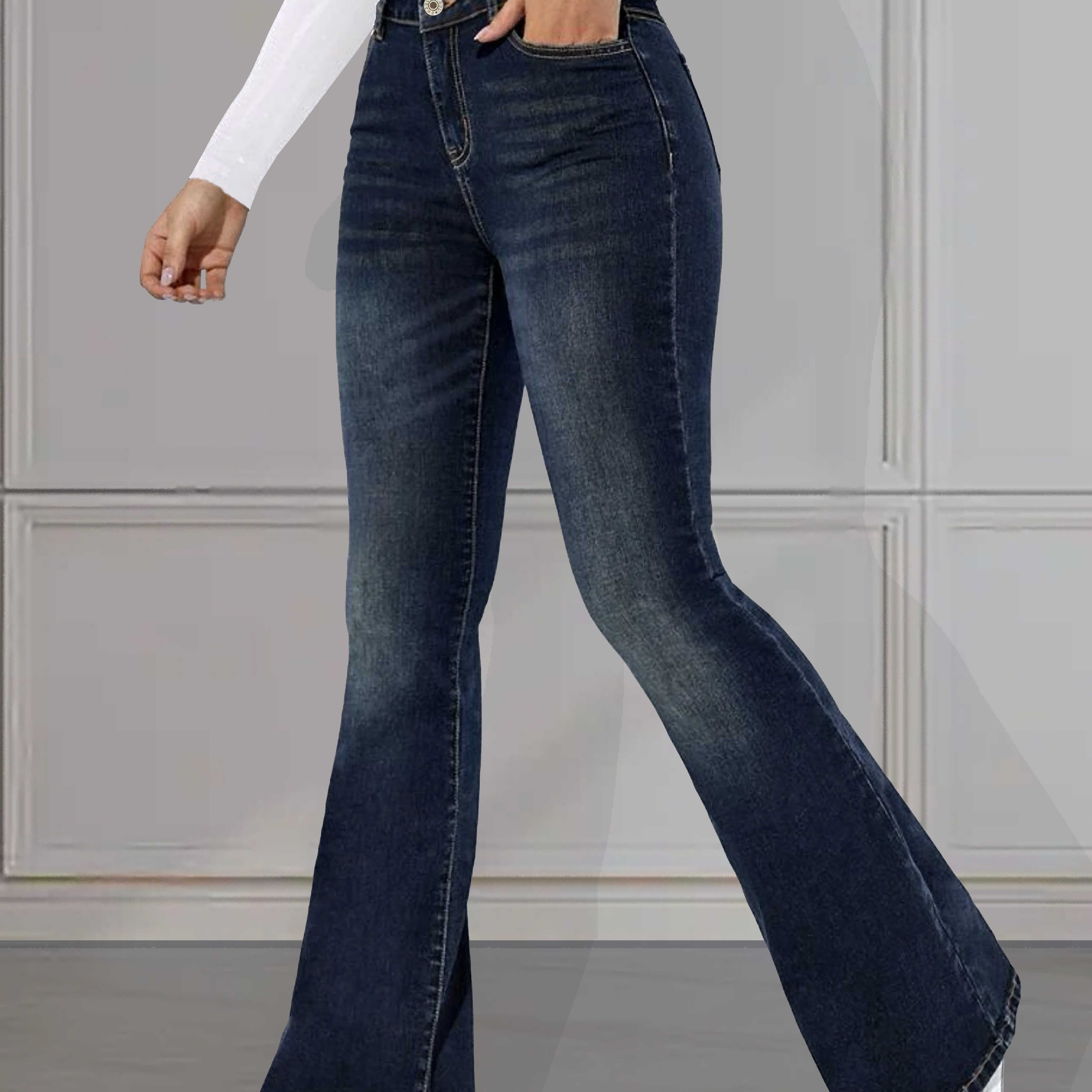 

High Stretch Casual Flare Jeans, Slant Pockets Versatile Bell Bottom Jeans, Women's Denim Jeans & Clothing