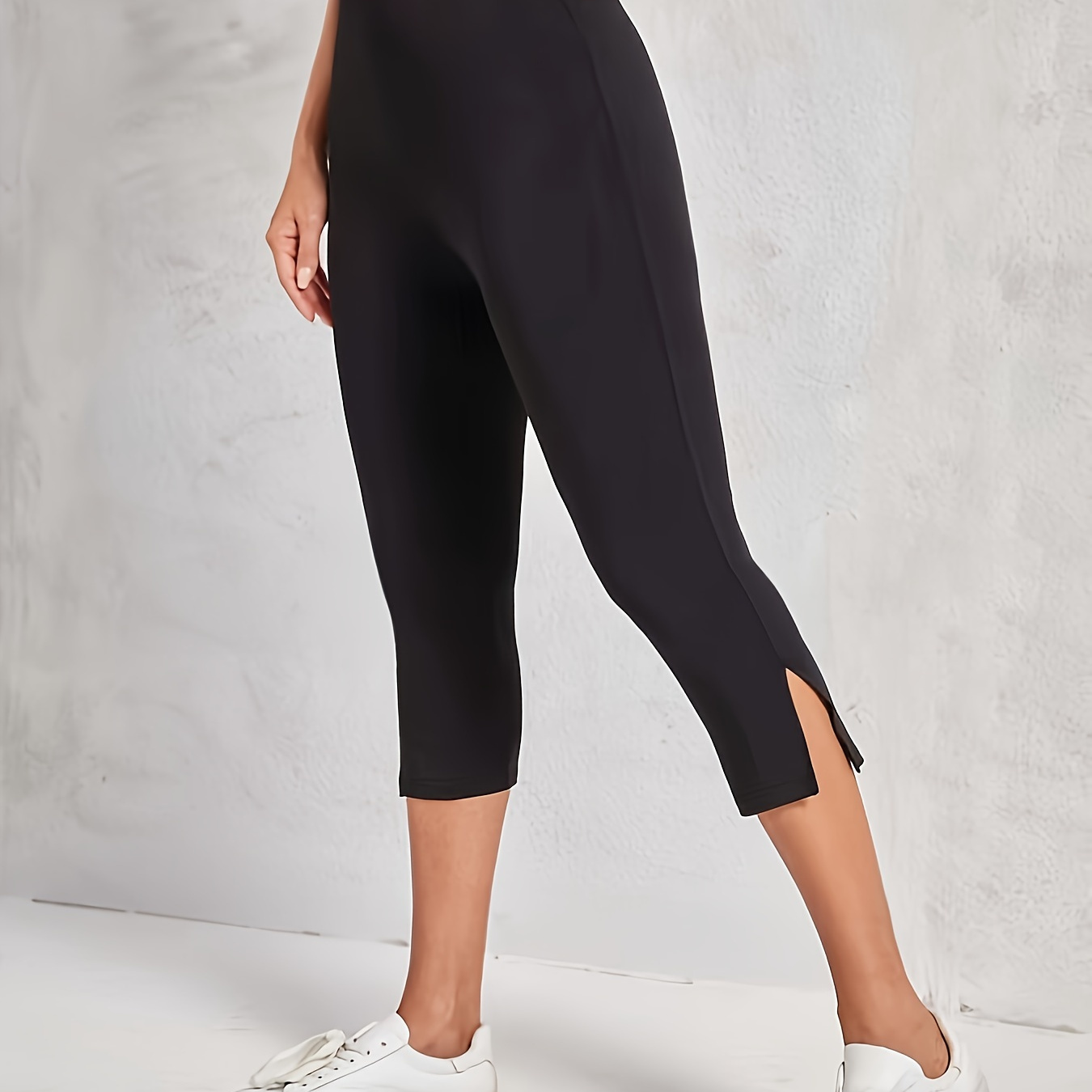 

Solid Color Split Hem Skinny Capri Leggings, Casual High Waist Stretchy Workout Leggings For Daily Wear, Women's Clothing