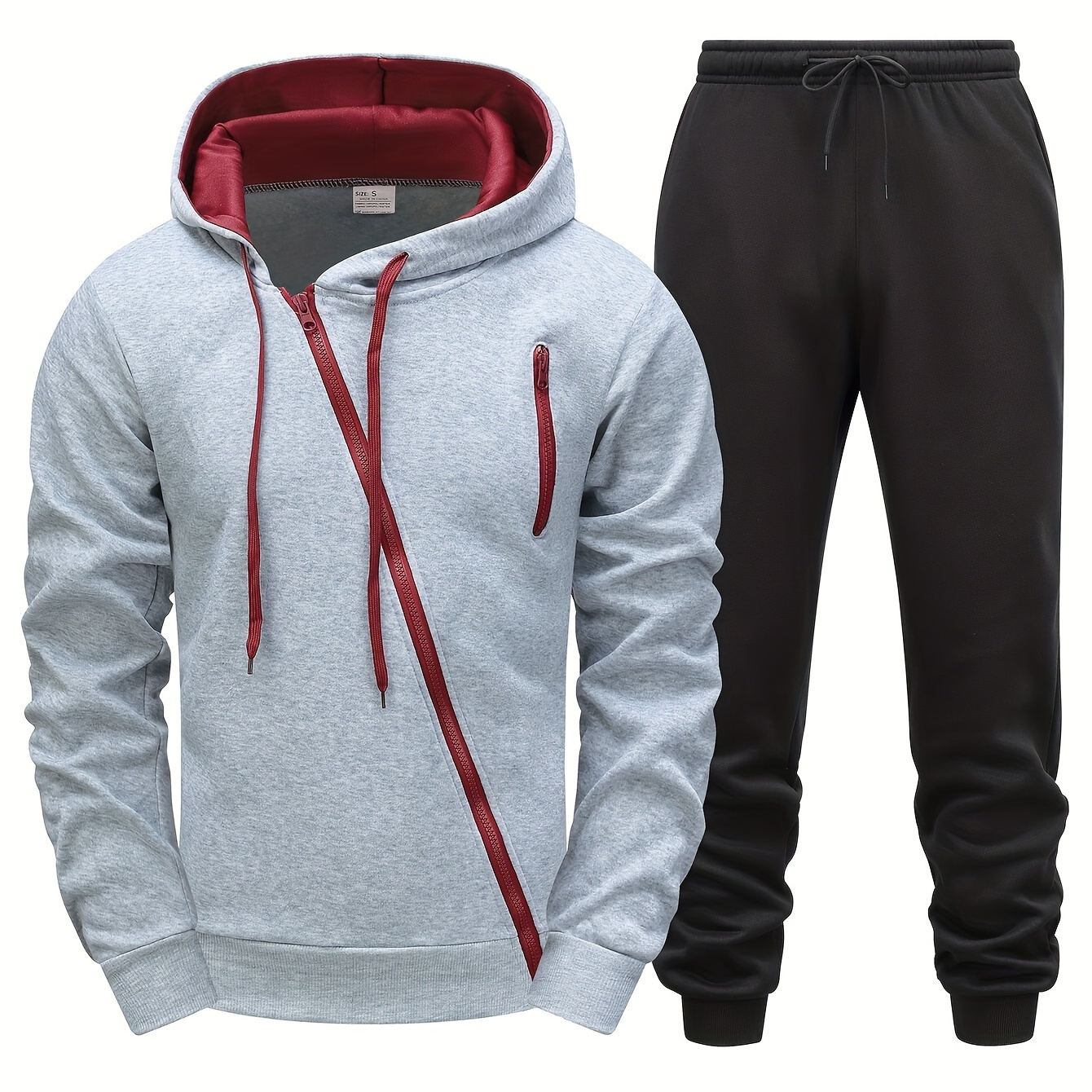 

Men's Solid Color 2pcs, Casual Slant Zipper Hoodie And Drawstring Waist Sweatpants Set For Autumn Winter