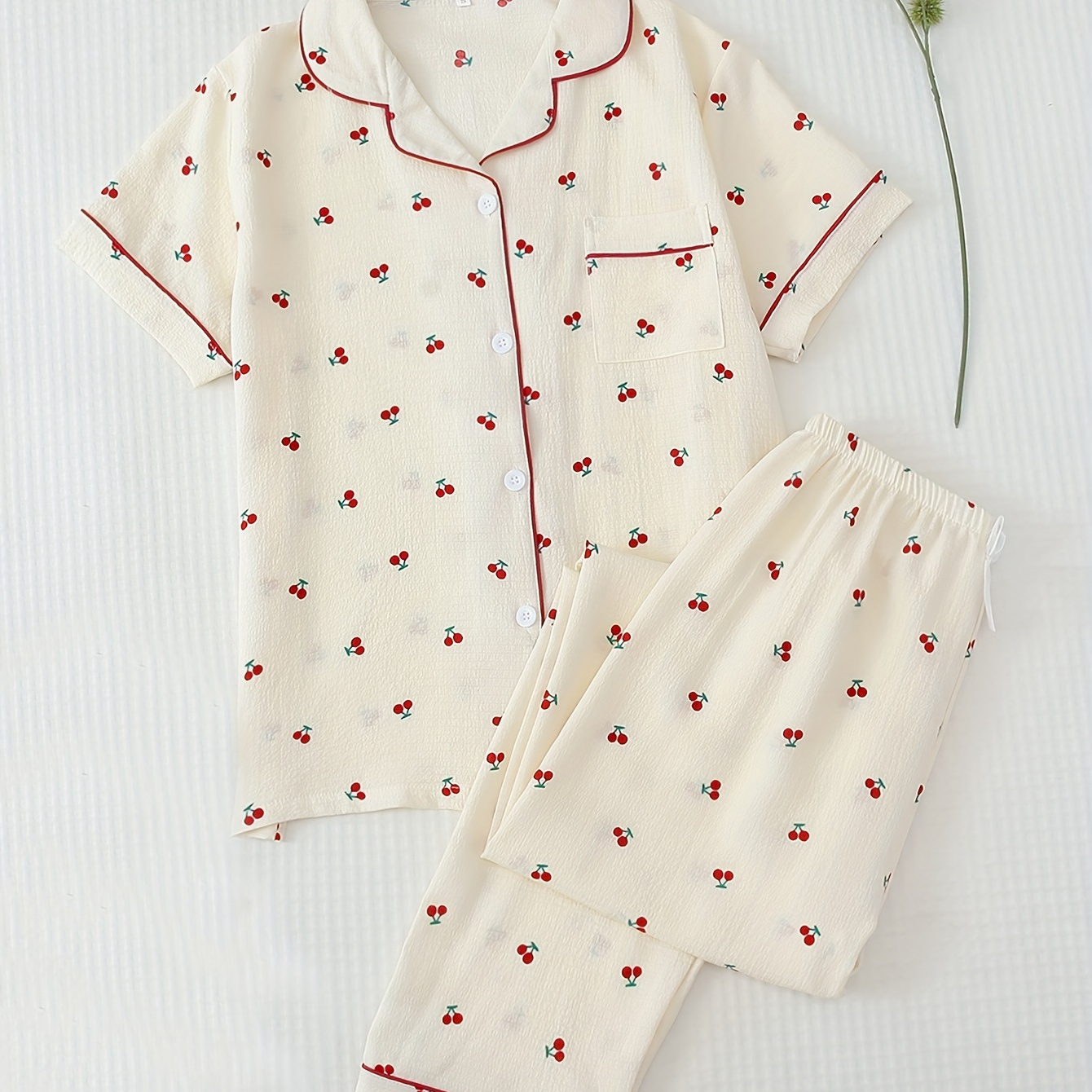 

Cherry Print Pajama Set, Short Sleeve Button Up Top & Elastic Waistband Pants, Women's Sleepwear & Loungewear