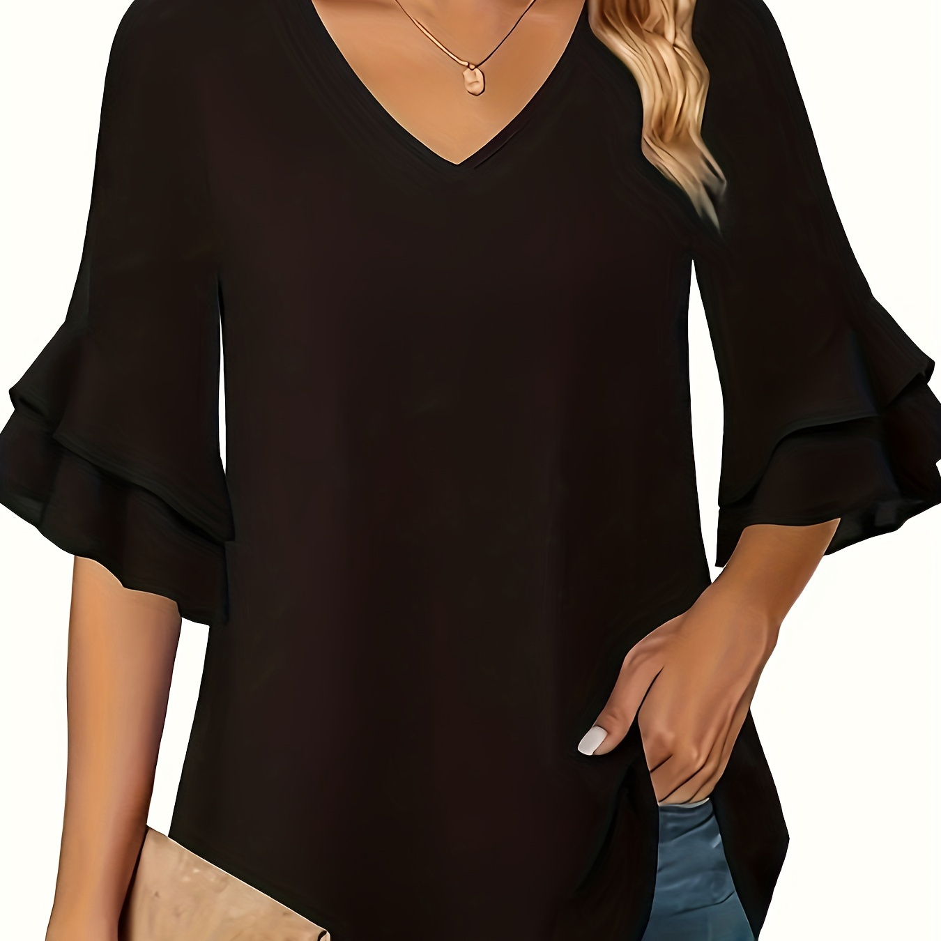 

Size V-neck Blouse With Ruffle Trim - Solid Color, Woven Polyester, Machine Washable - Spring & Fall, Plus Size Blouses