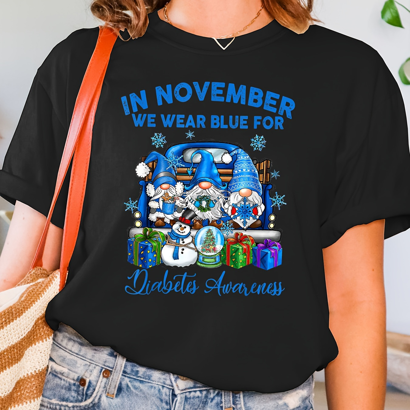 

Women's Casual Cotton T-shirt, "in November We Wear Blue For " Print, Short Sleeve Crew Neck, Cartoon Dwarf & Car Design, Regular Fit, Stretch Knit Fabric, All Seasons, Round Neck Top