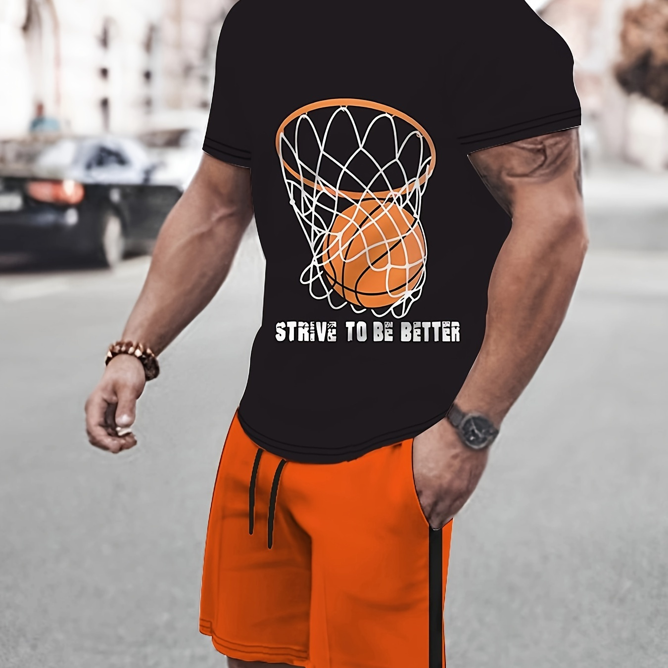 

2-piece Men's Summer Outfit Set, Men's Basketball Pattern Print Short Sleeve Crew Neck T-shirt & Drawstring Shorts With Pockets