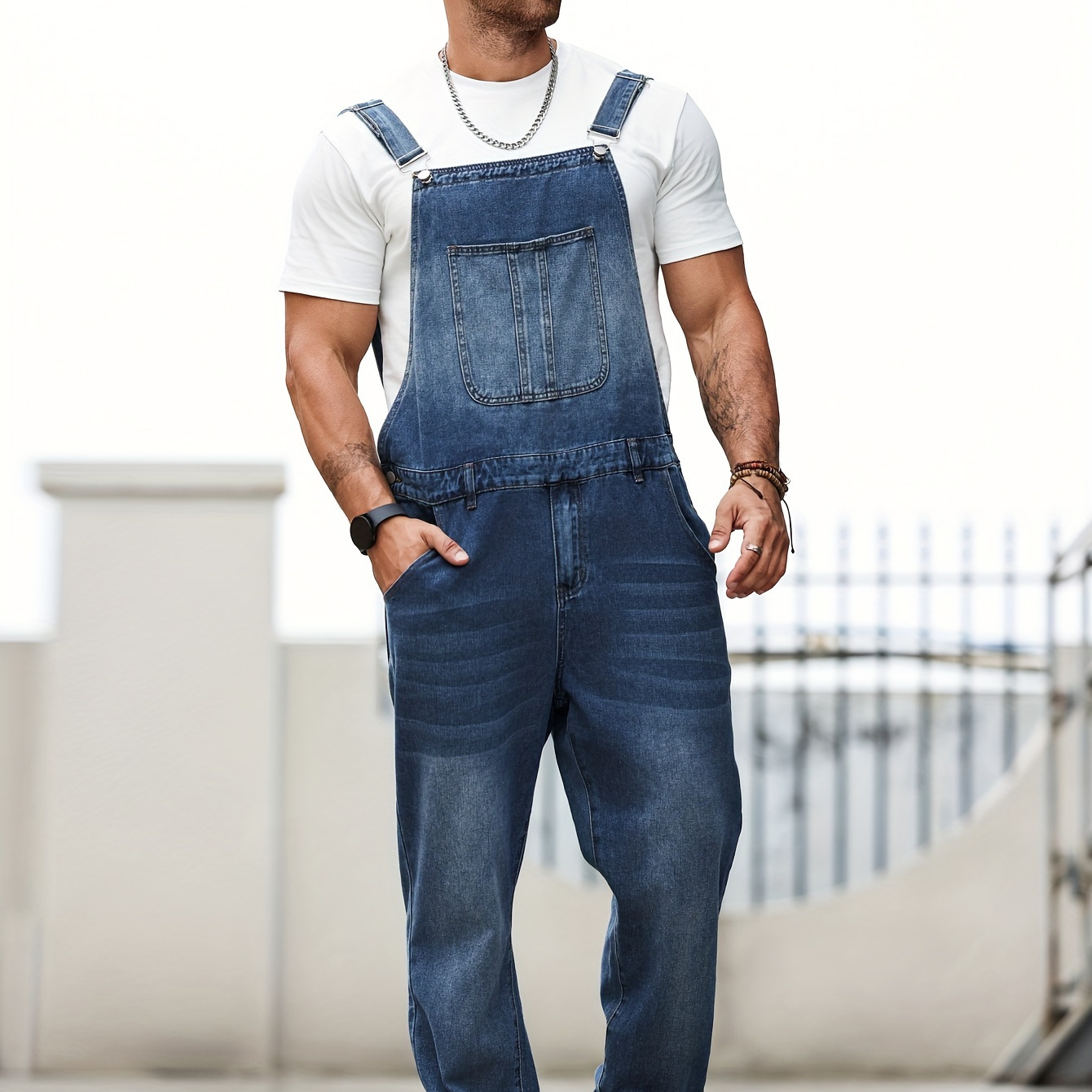 

Men's Plus Size Denim Overalls, Casual Loose Fit Bib Jeans Pants With Large Pockets, Durable Workwear, Fashion Streetwear, Adjustable Straps, Comfortable All-day Wear