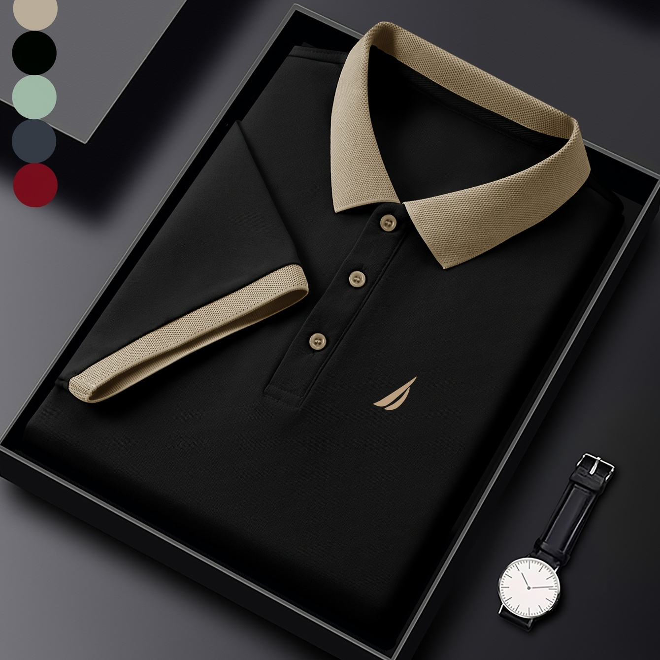 *'S Beige Collar Shirt Comfortable Summer Short Sleeve, Casual  Button-Up with Lapel Collar, Lightweight Polyester Blend for Busine