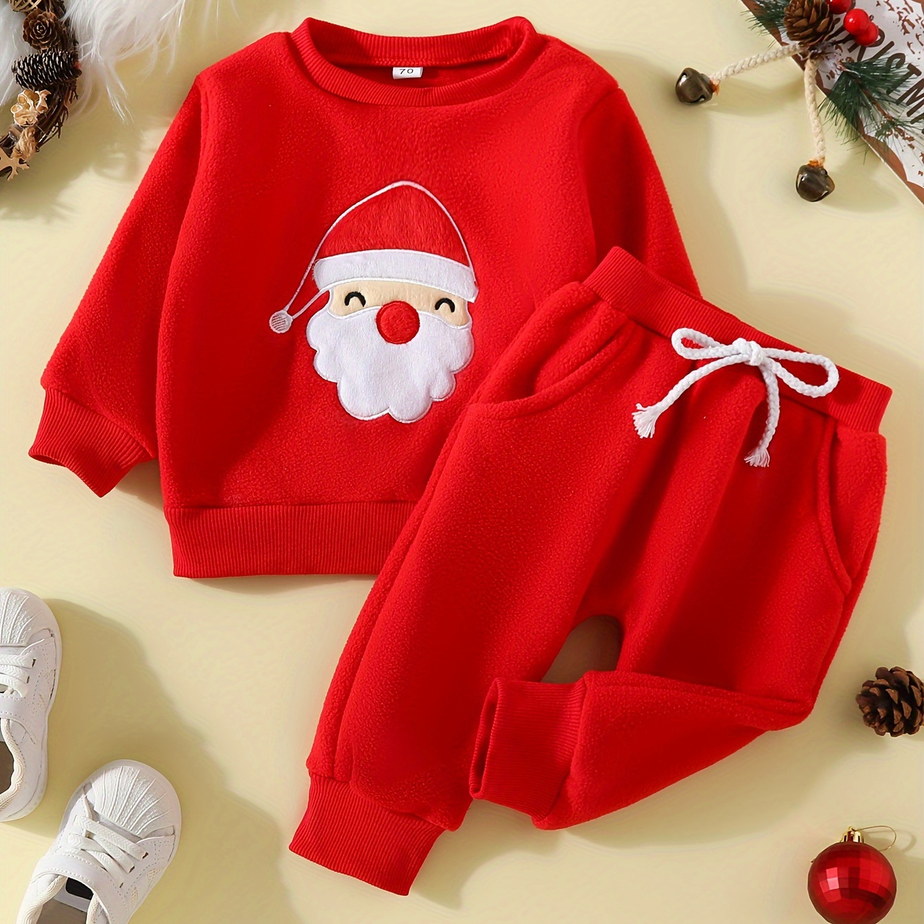 

Kids' Festive Christmas Santa Graphic Pullover And Pants Set - Cute Crew Neck Long Sleeve Top With Coordinating Trousers, Polyester Knit Fabric With Slight Stretch, Solid Red Color For Fall/winter