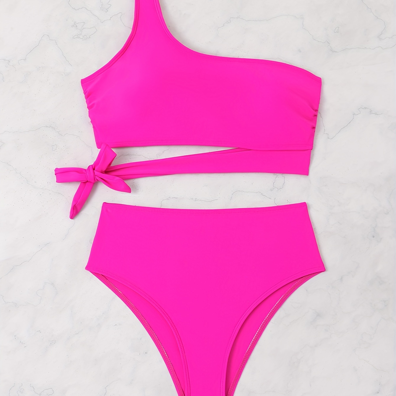 

Solid Color Asymmetrical 2 Piece Set Bikini, 1 Shoulder Tie Side High Cut Swimsuits, Women's Swimwear & Clothing