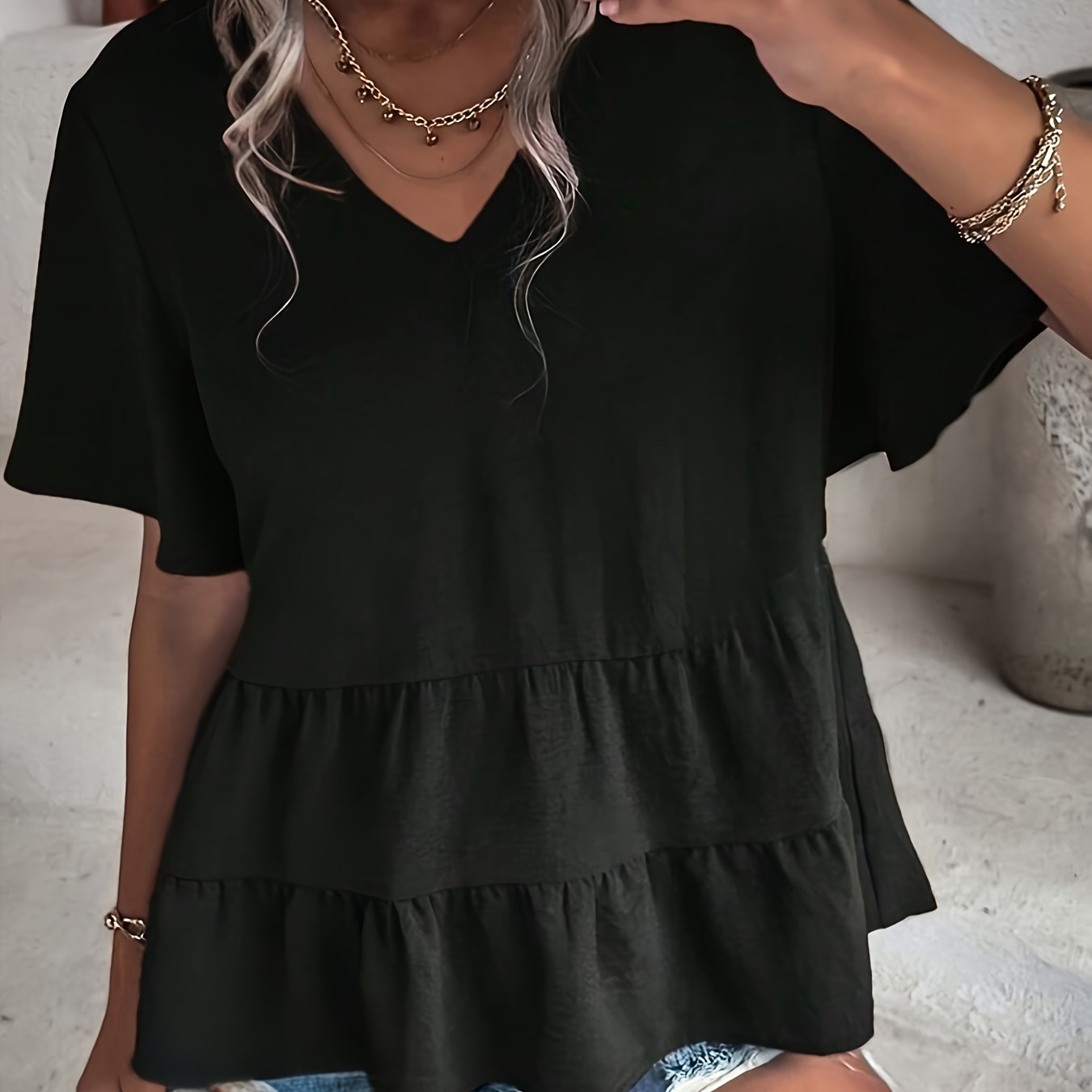 

V Neck Tiered Flare Blouse, Casual Short Sleeve Top For Spring & Summer, Women's Clothing