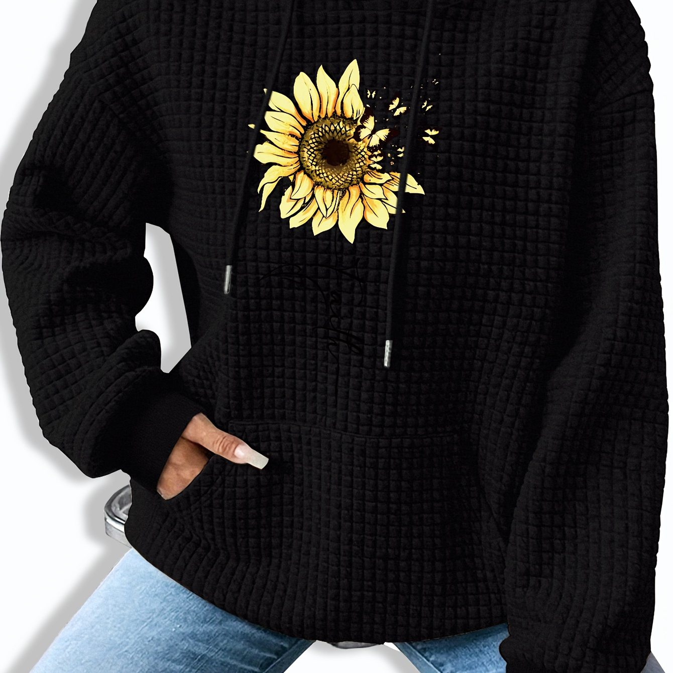 

Sunflower Waffle Hoodie, Drawstring Kangaroo Pocket Casual Hooded Sweatshirt For Winter & Fall, Women's Clothing