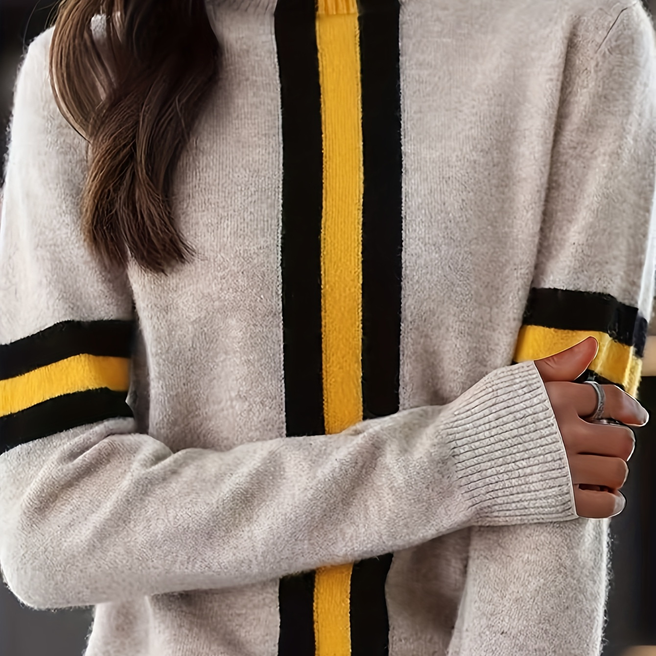 

Elegant Striped Knit Sweater For Women - Chic Mock Neck, Long Sleeve Pullover With Detail, Spring & Fall, Elegant Style, Spring/autumn