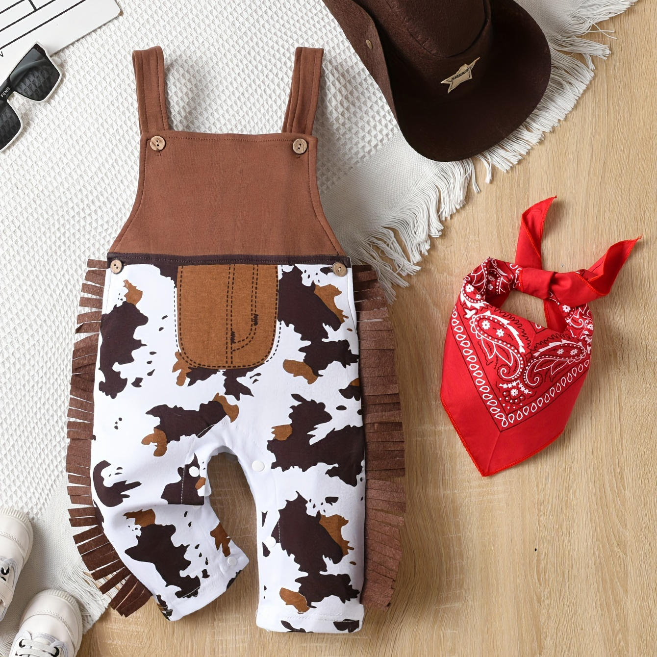 

Gift For Your Little Cowboy-infant's Tassel Decor Jumpsuit, Cow Pattern Bodysuit, Baby Boy's Clothing