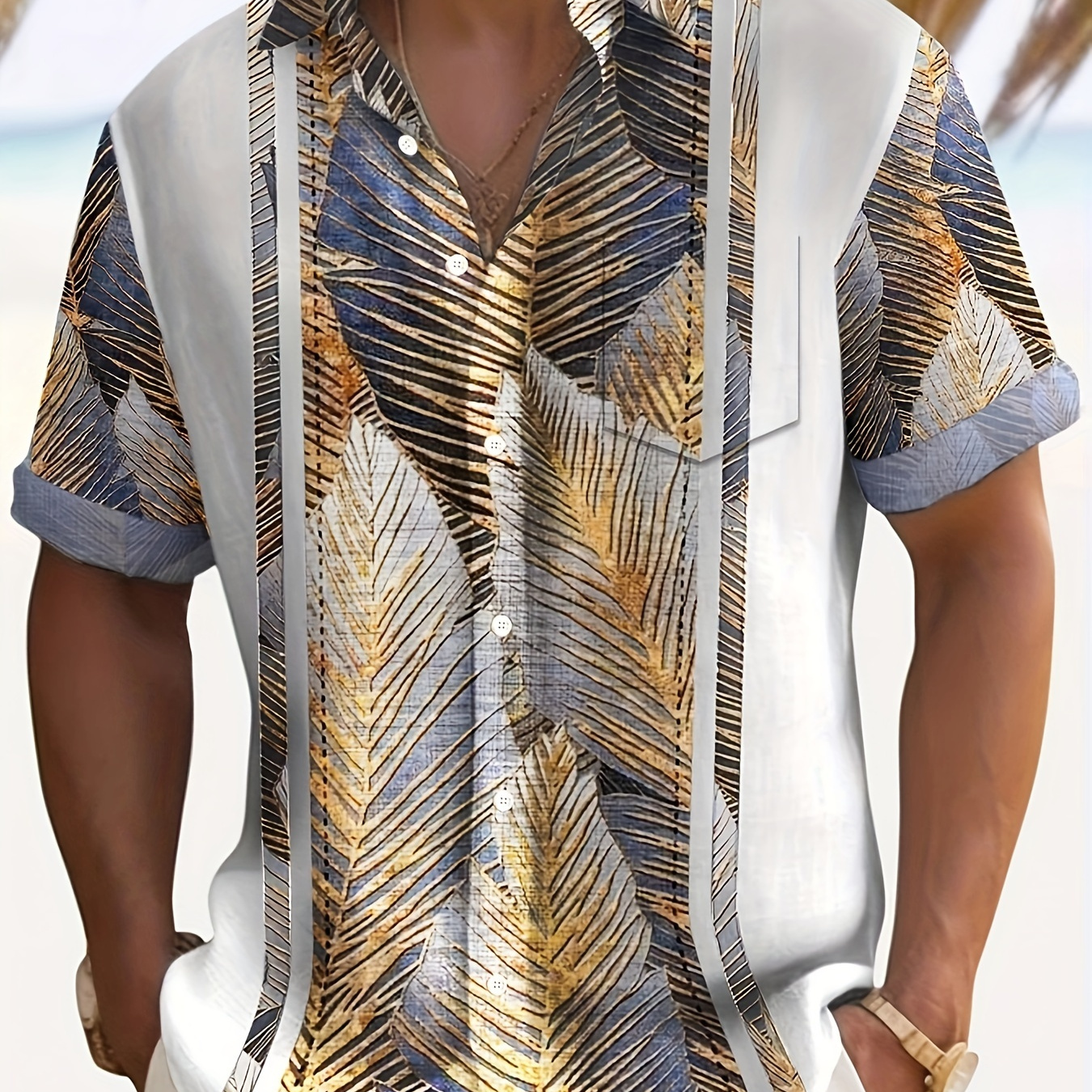

Plus Size Men's Vintage Leaf Print Color Block Button-up Hawaiian Shirt With Pocket, Casual Vacation Style, Short Sleeve Summer Top
