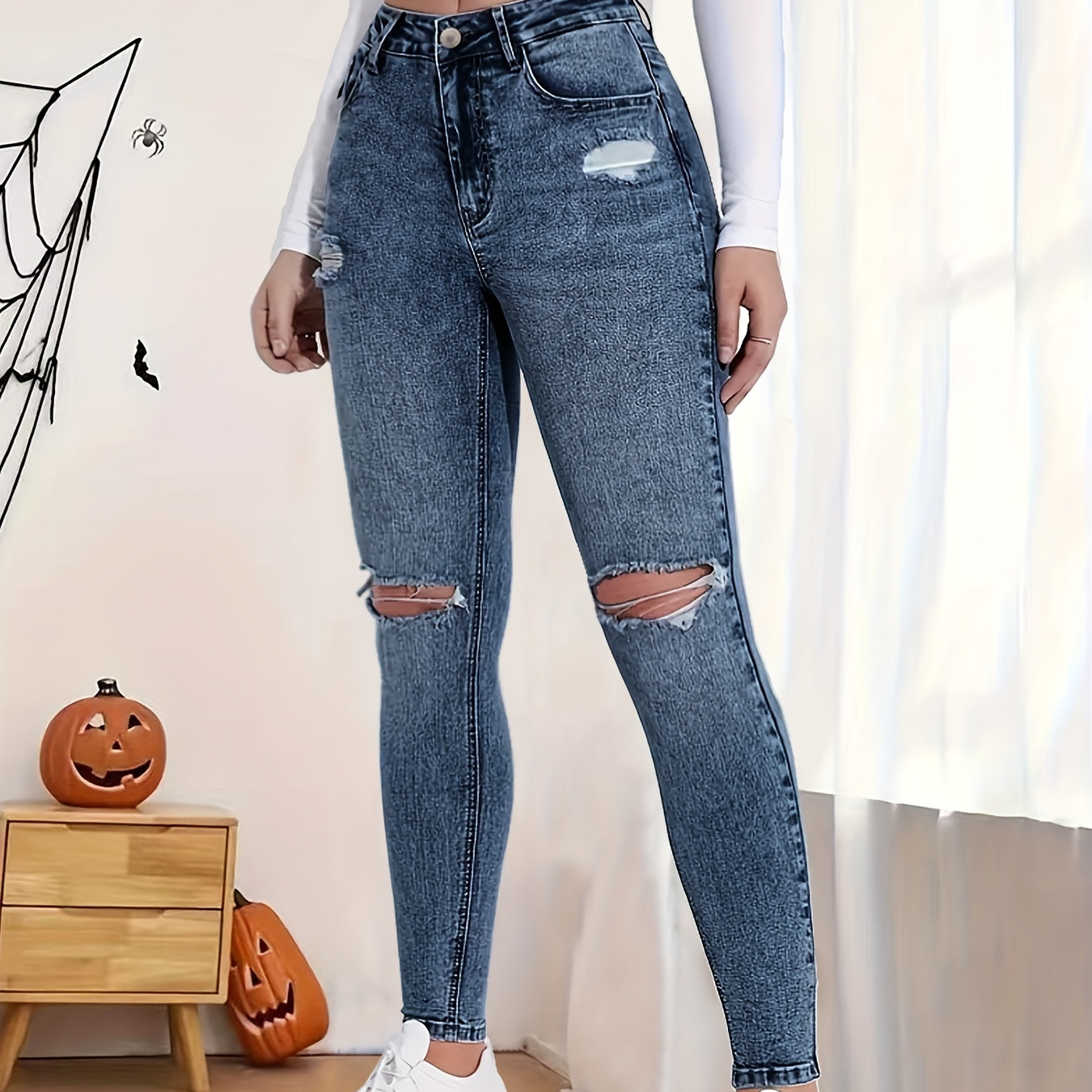 

Women's Sexy Ripped Skinny Jeans - Stretch Denim, Mid-rise, Non-see-through, Wear, Plus Size Jeans