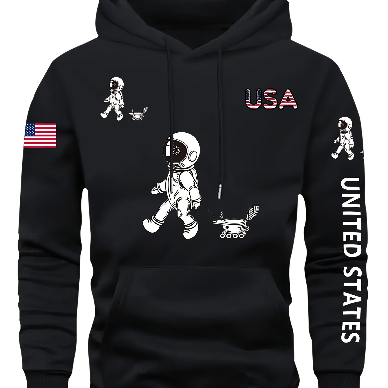 

Cartoon Astronaut , United States Printed On The Sleeve, Men' Casual Hoodie With Drawstring, Comfy Long Sleeve Pullover Hoodie, Ideal For Daily And Outdoor Wear