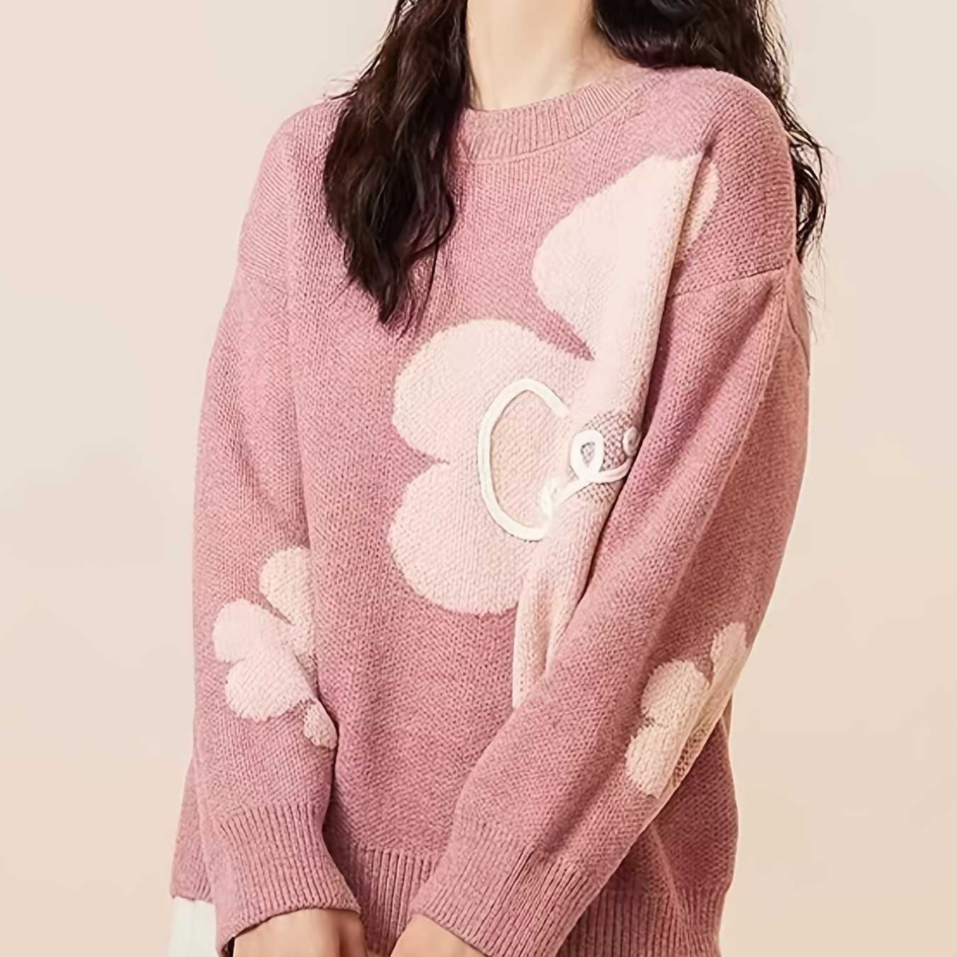 

Cute Long Sleeve Knitted Sweater, Crew Neck Casual Sweater For Fall & Winter, Women's Clothing