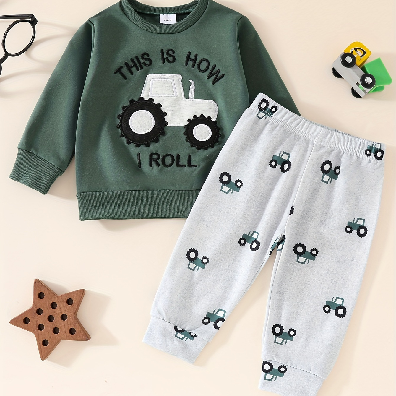 

2pcs, Newborn Boy's Creative Tractor Applique Design Crew Neck Long Sleeves Cotton Sweatshirt + Pants Co Ord Set, Perfect For All Seasons, Best Gift Option