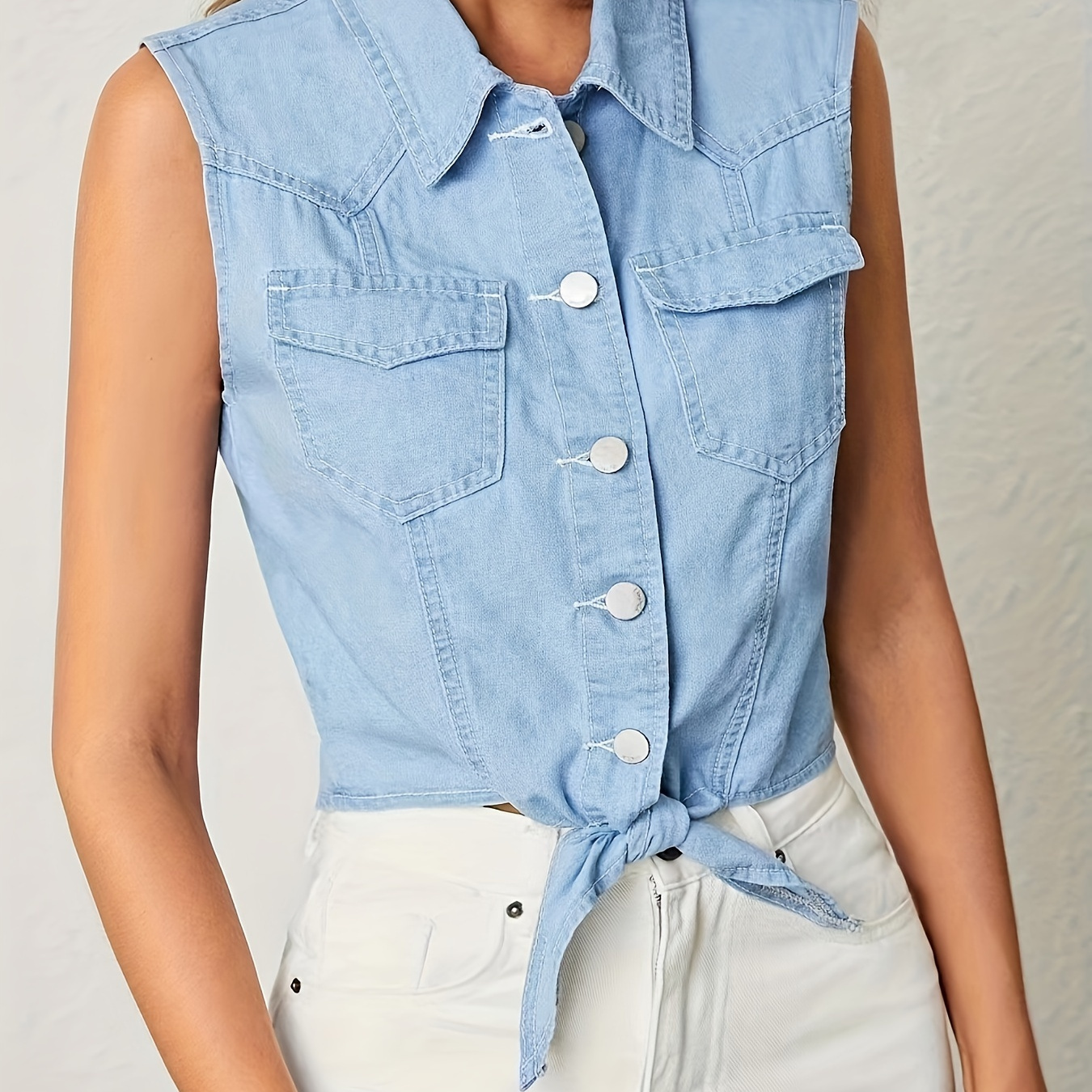 

Women's Sleeveless Denim Tie-front Shirt With Flap Pockets, Elegant Style, Chic Summer Top For Casual Wear