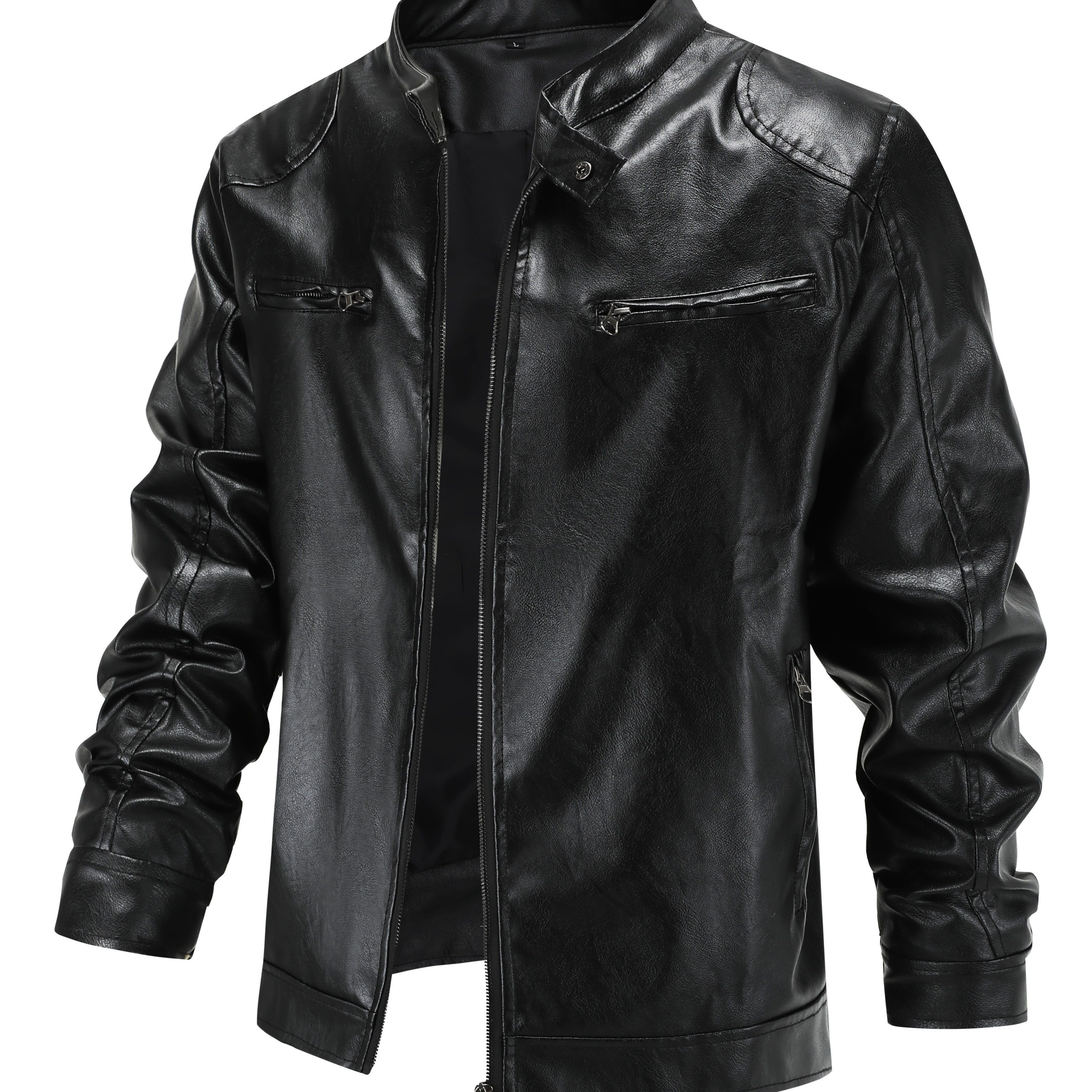 

Elegant & Men's Leather Jacket - Chic Stand Collar, , Fit With Zip Closure & Long Sleeves, Polyester, Non-stretch Fabric For