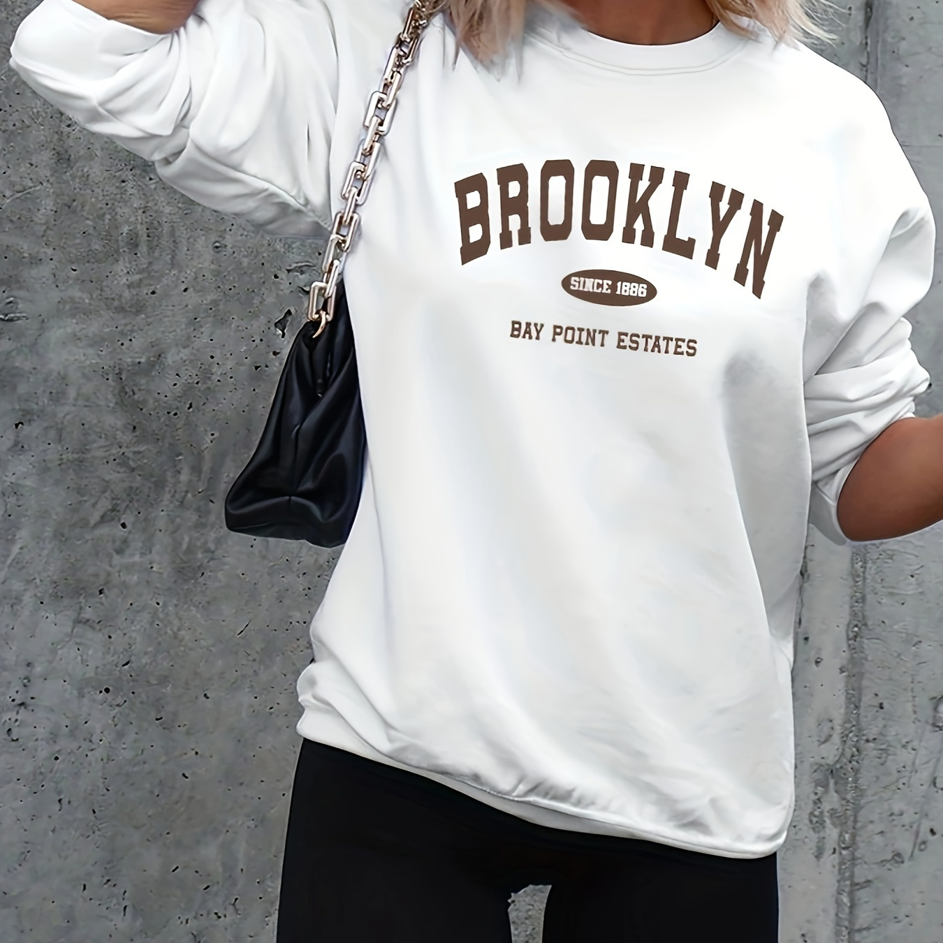 

Brooklyn Letter Print Pullover Sweatshirt, Casual Long Sleeve Crew Neck Sweatshirt, Women's Clothing