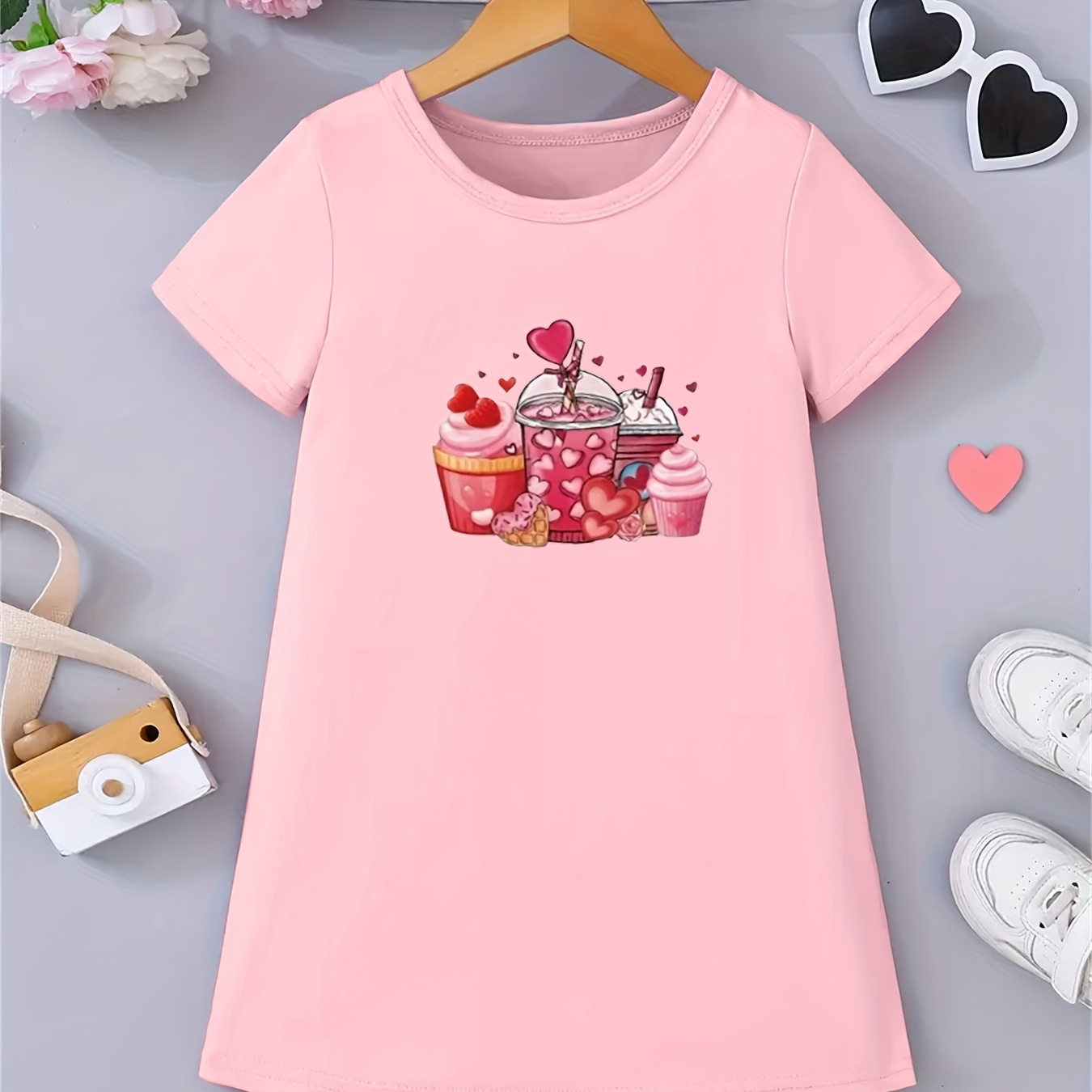 Girls' Casual T-Shirt Dress with Heart Ice Cream Print