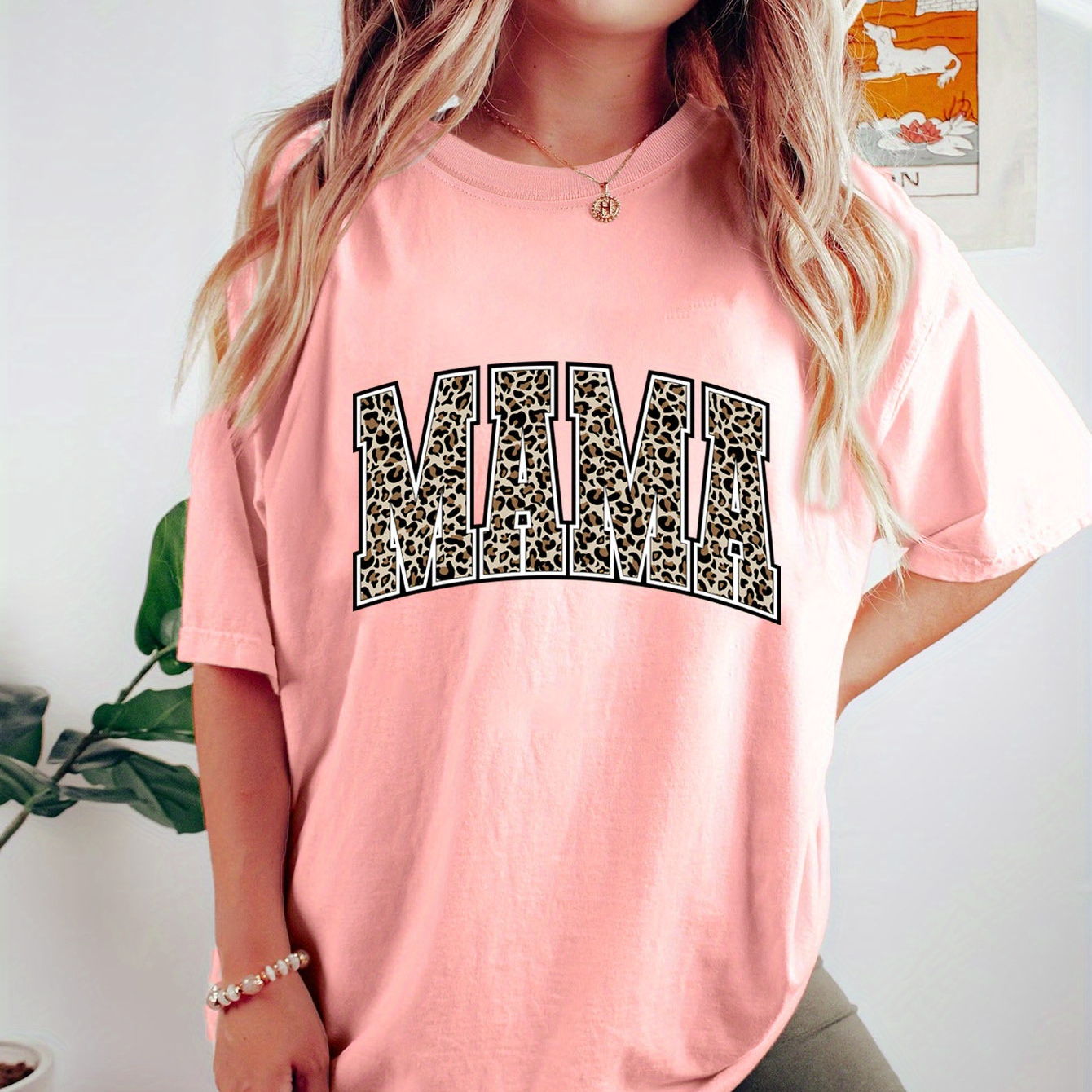 

Leopard Letter Print T-shirt, Short Sleeve Crew Neck Casual Top For Summer & Spring, Women's Clothing