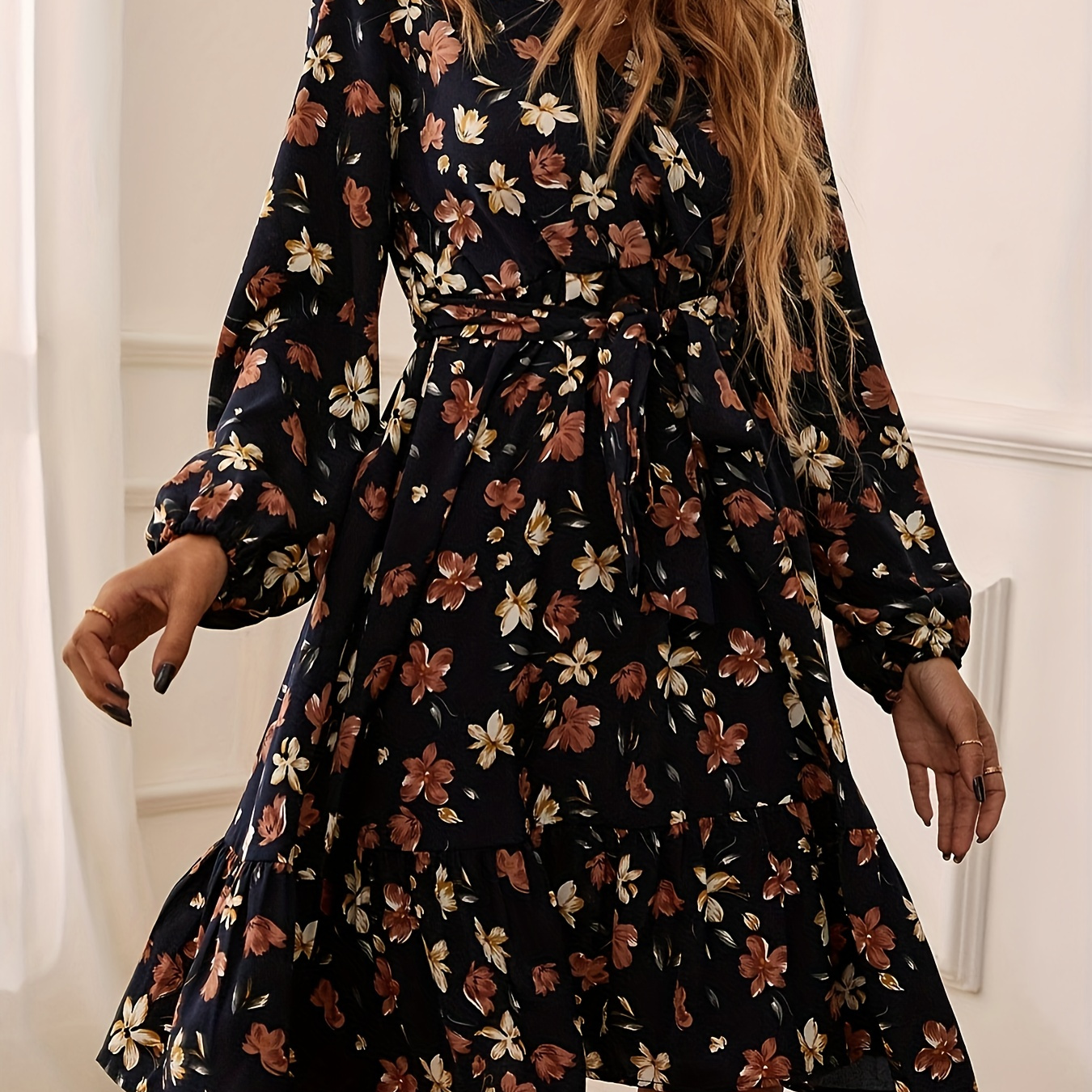 

Robe à imprimé floral col en V, élégante robe à manches longues à taille nouée pour le printemps et l'automne, vêtements pour femmes