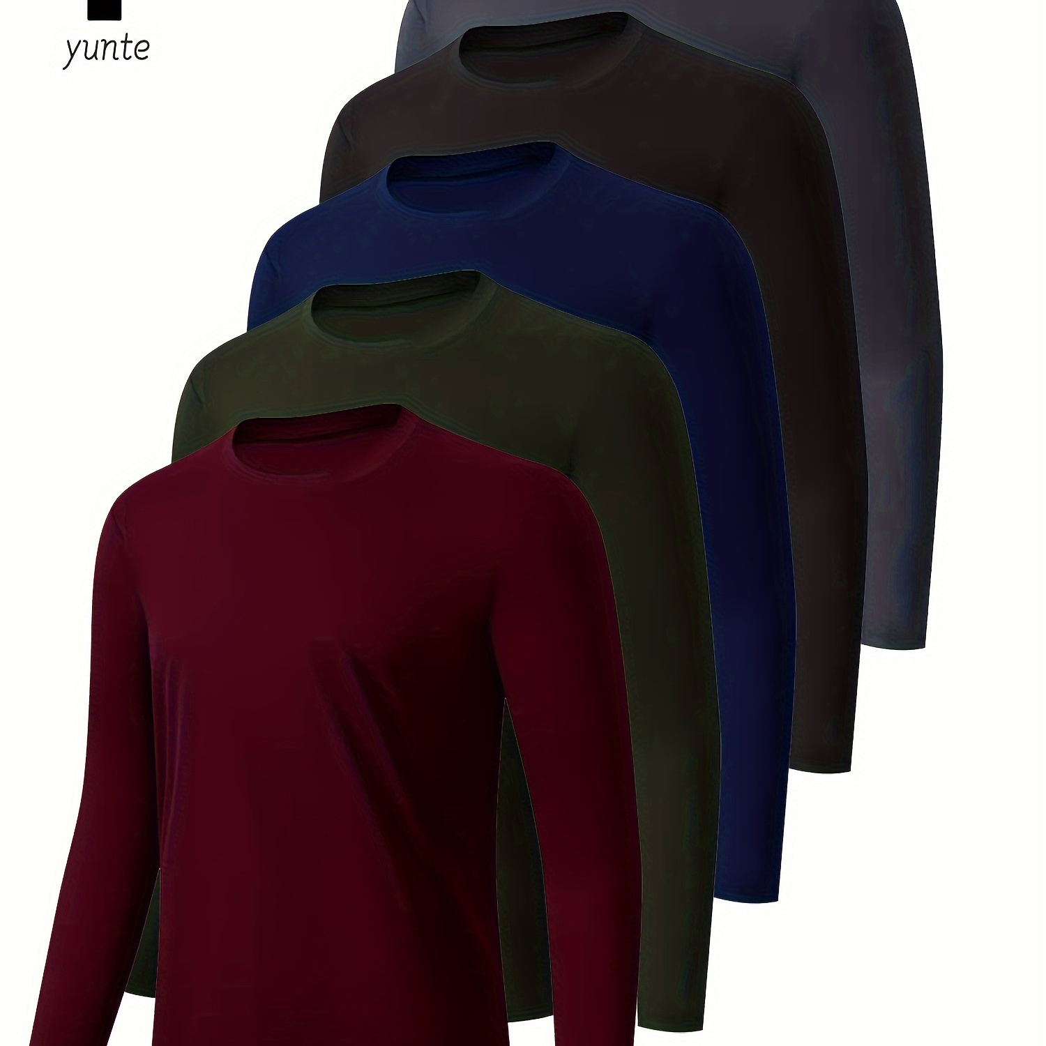 

5-pack Men's Athletic Long Sleeve Crew Neck Shirts, Quick-dry Polyester Knit Fabric, Solid Tops For Running, Workout, Dining - Regular Fit, Spring/summer/fall - , Military Green, Navy, Black, Grey