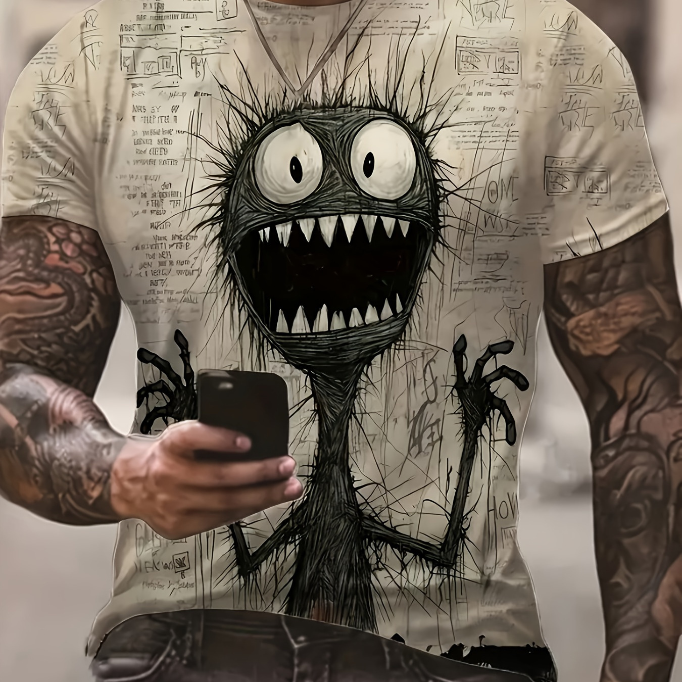 

Screaming Monster Pattern Crew Neck And Short Sleeve T-shirt, Chic And Stylish Tops For Men's Summer Outdoors Wear