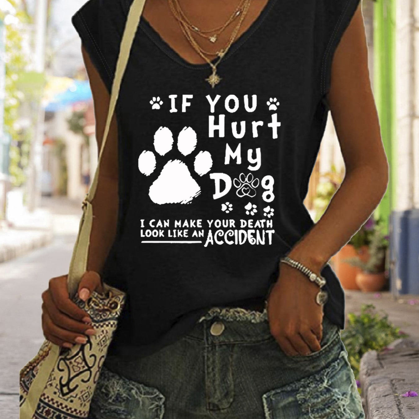 

Paw Print V Neck Tank Top, Cap Sleeve Casual Top For Summer & Spring, Women's Clothing