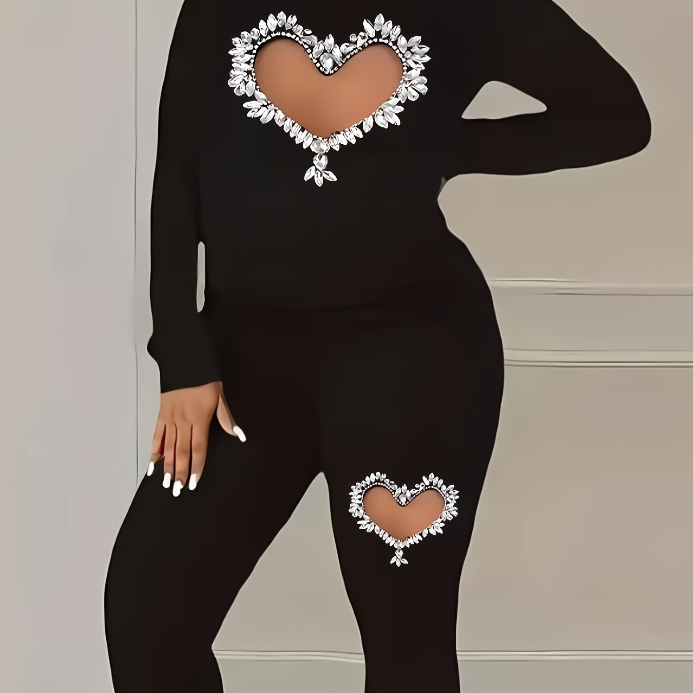 

Plus Size Elegant Geometric Heart Print Outfit - Casual Black Long Sleeve Top & Pants Set With Floral Pattern, Stretchy Polyester , Machine Washable For Women, Outfit|elegant Casual Set| Fabric