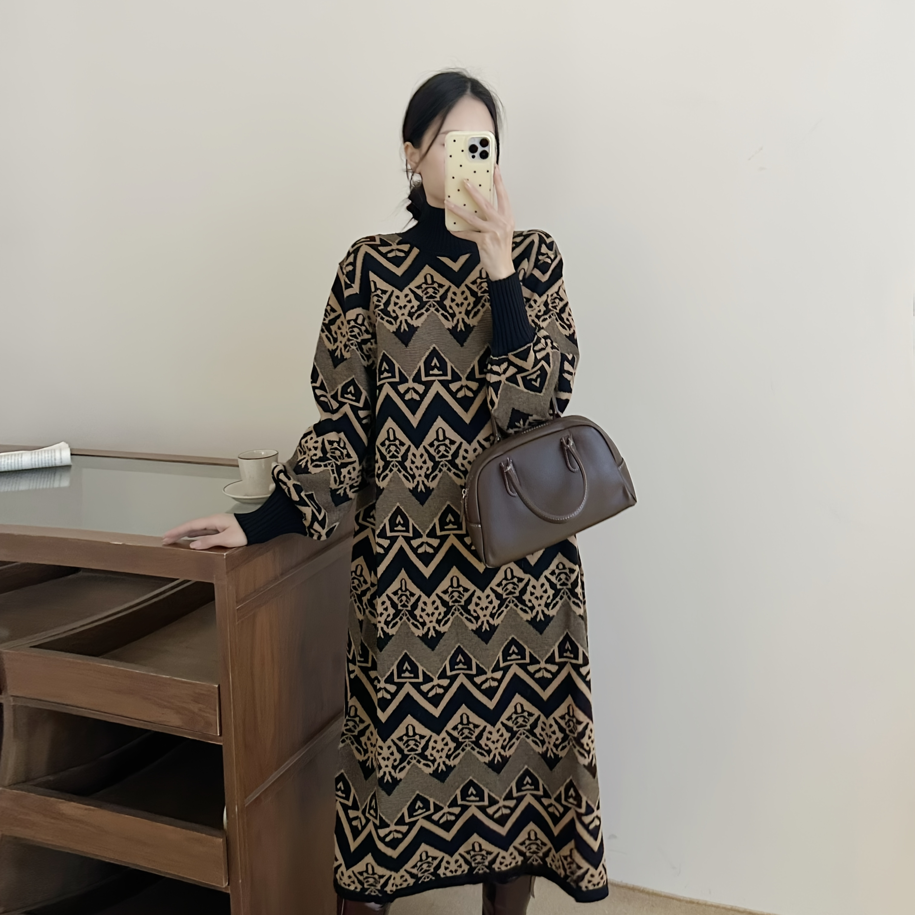 

Women' Geometric Pattern Knit Dress, Stand Collar Long Sleeve A-line Sweater Dress With Pockets, Polyester 55%, Acrylic 25%, Viscose 20%, Fall/ For Adult Ladies