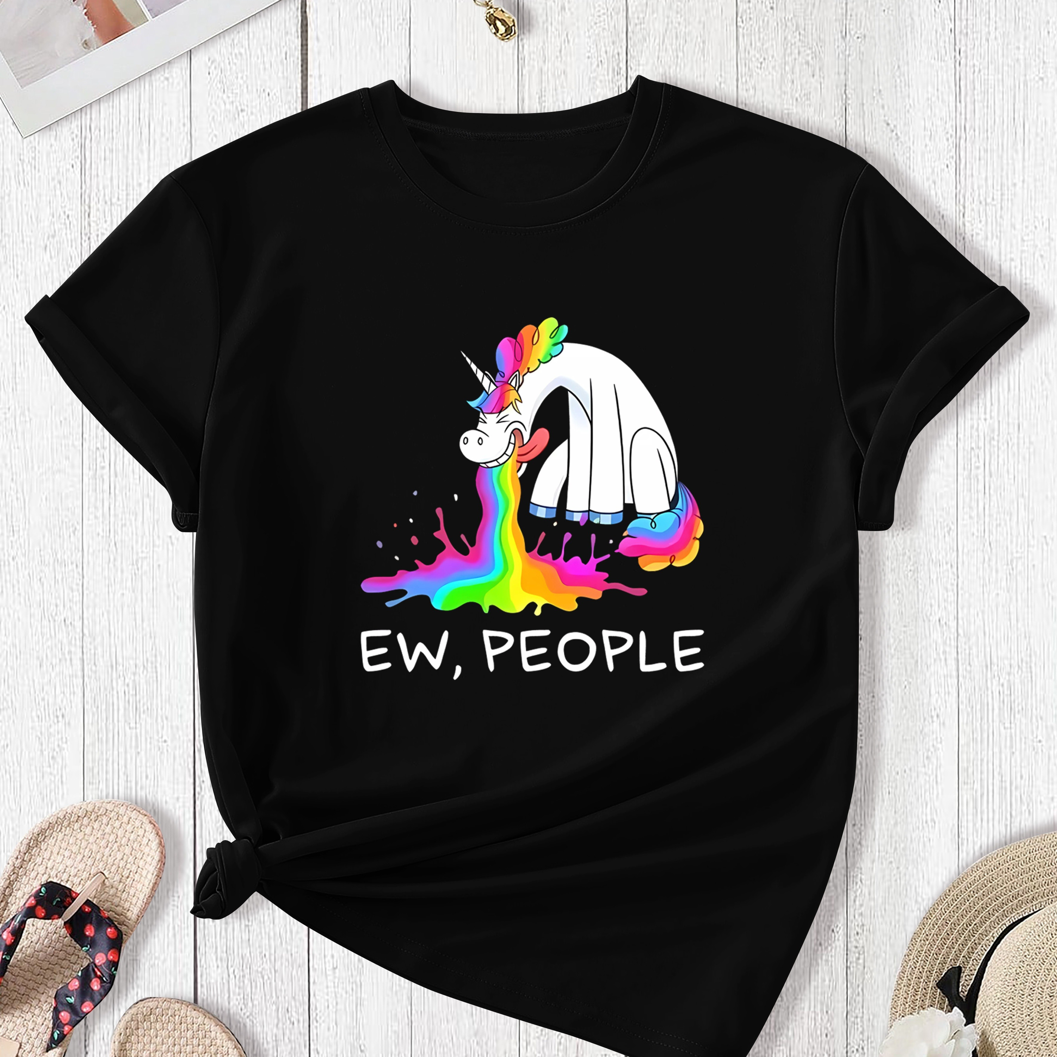 

Women's Plus Size Casual Sporty T-shirt, "ew, People" Rainbow Print, Comfort Fit Short Sleeve Tee, Fashion Breathable Casual Top