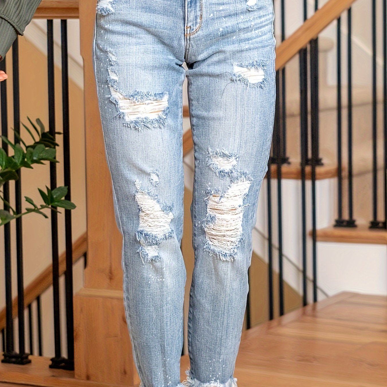 

New Ripped Plain Light Washed Blue Raw Hem Distressed Denim Pants Casual Jeans For Women