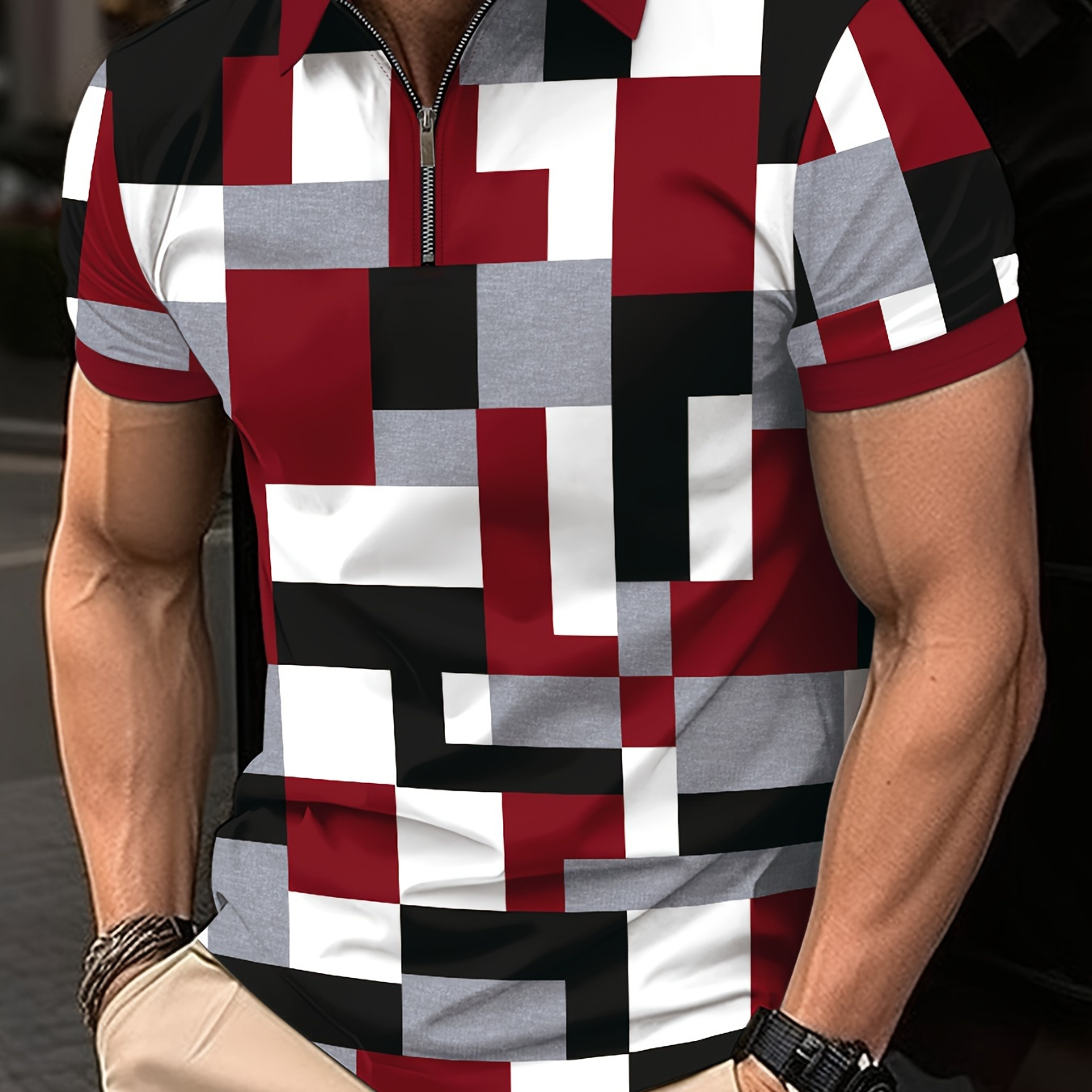 

Breathable Regular Fit Color Block Golf Shirt, Men's Casual V-neck T-shirt Short Sleeve For Summer, Men's Clothing