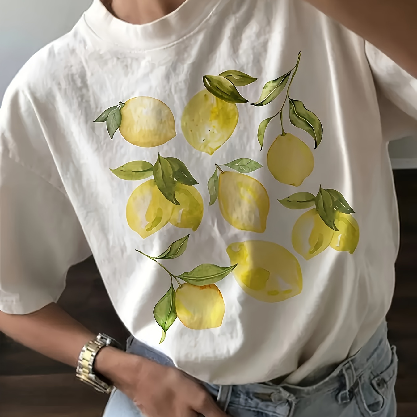 

Lemon Print Crew Neck T-shirt, Casual Short Sleeve T-shirt For Spring & Summer, Women's Clothing