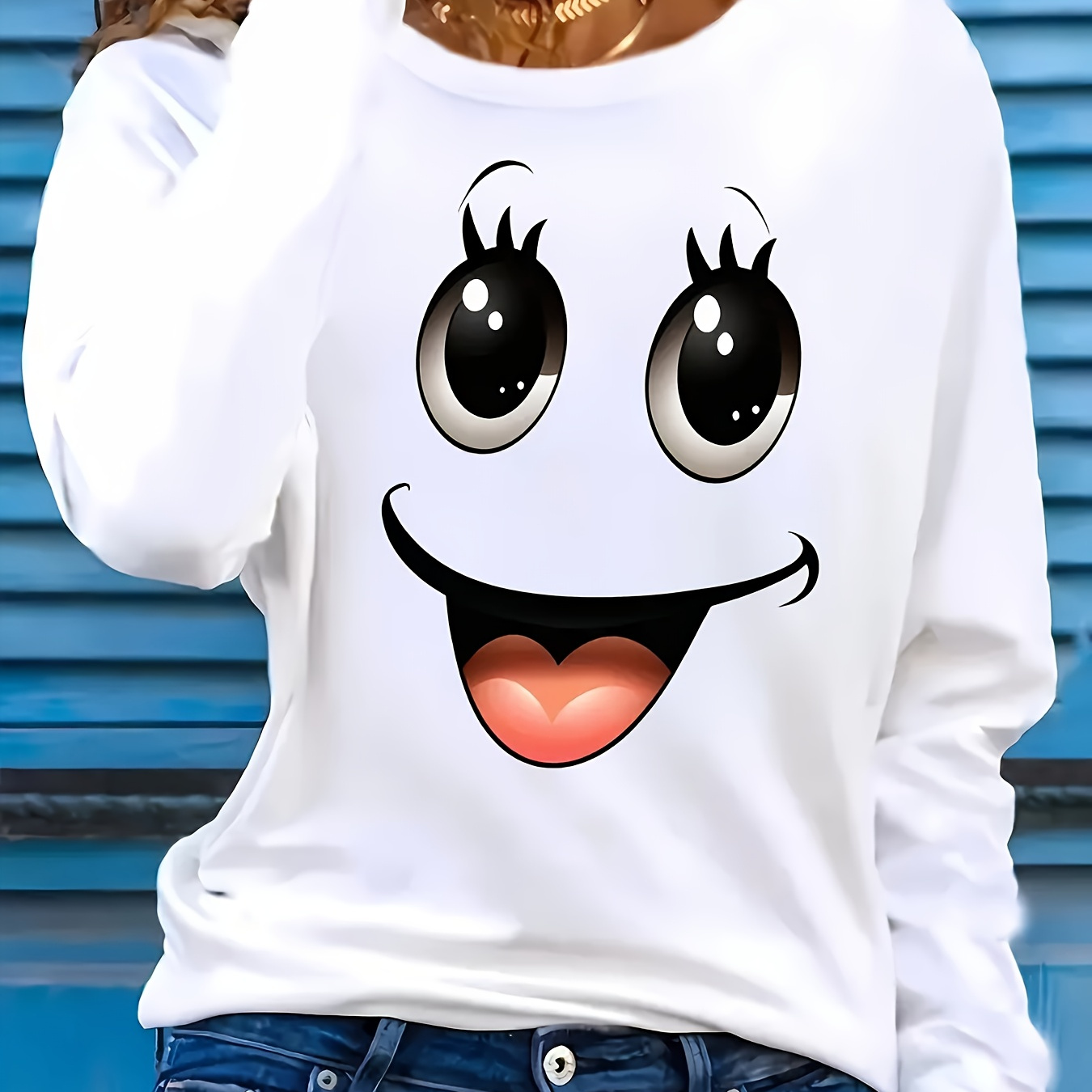 

1pc Elegant Women's Long Sleeve T-shirt With Print, Crew Neck, Knit Polyester Fabric, Cartoon Pattern, Stretch For Fashion